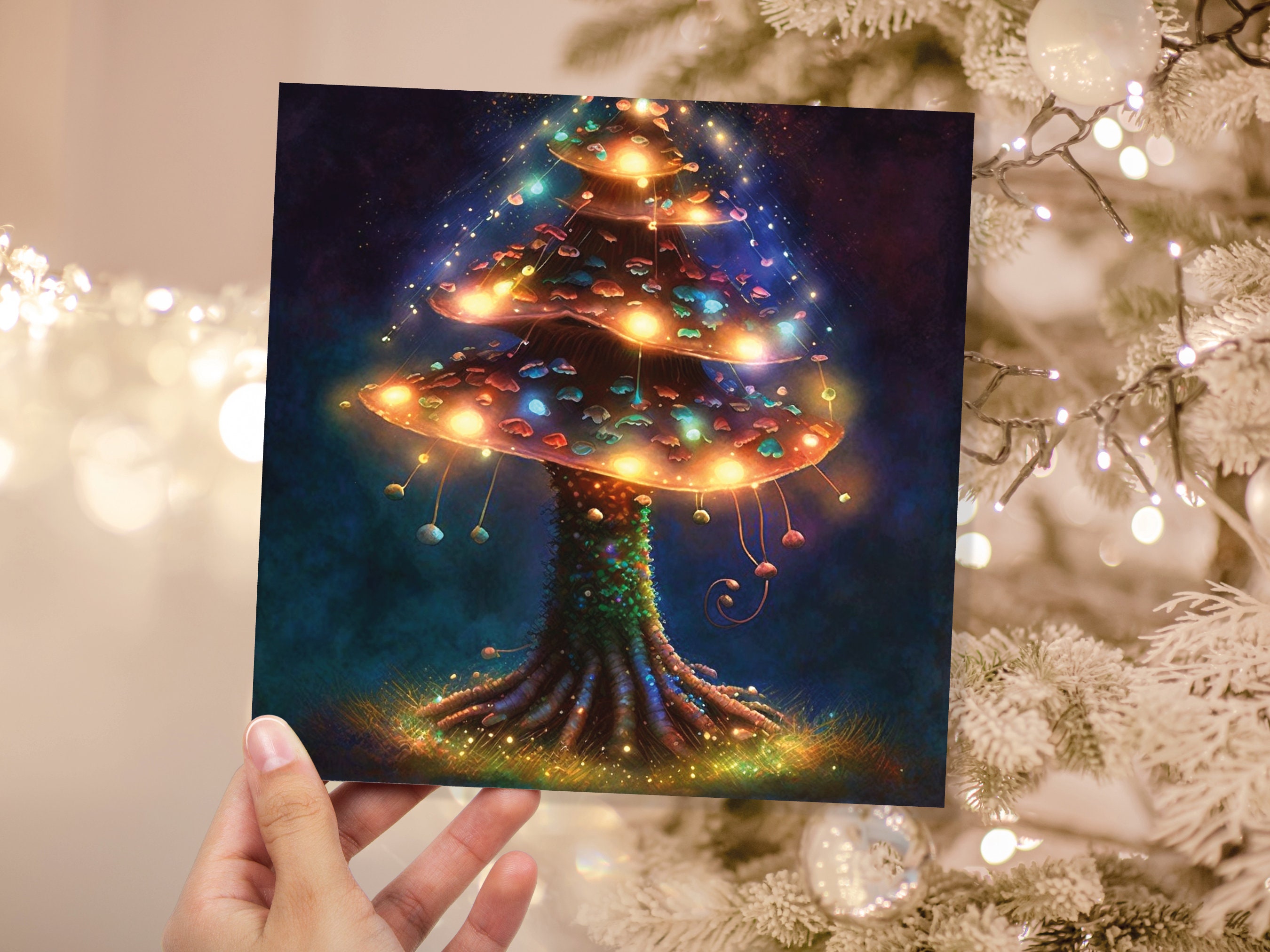 Mushroom Tree Card with Warm Fairy Lights Glowing Jewels Painting Unique Magical Whimsical Fairytale For Family Friends Christmas Thank You - View 2