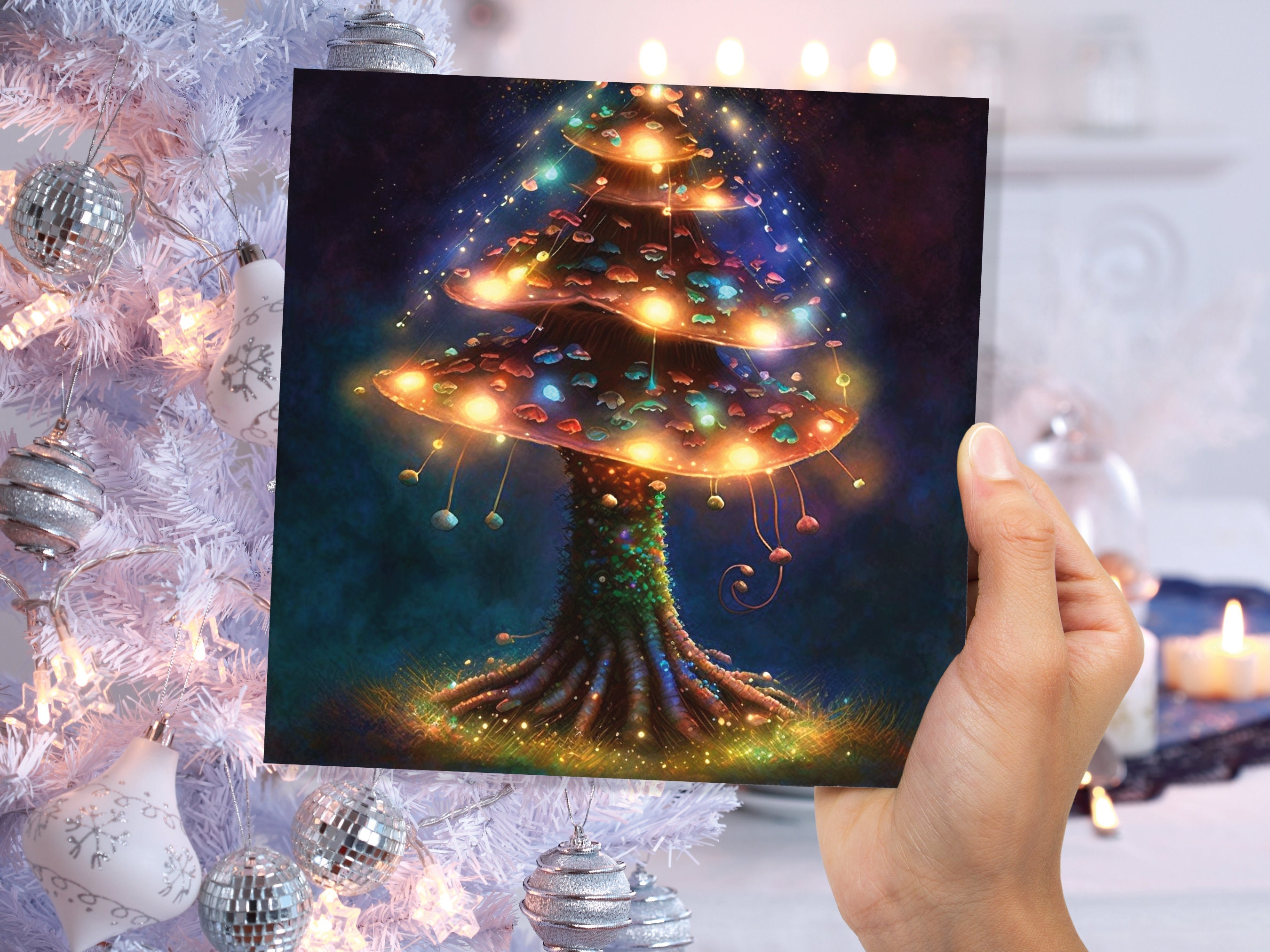 Mushroom Tree Card with Warm Fairy Lights Glowing Jewels Painting Unique Magical Whimsical Fairytale For Family Friends Christmas Thank You - View 3