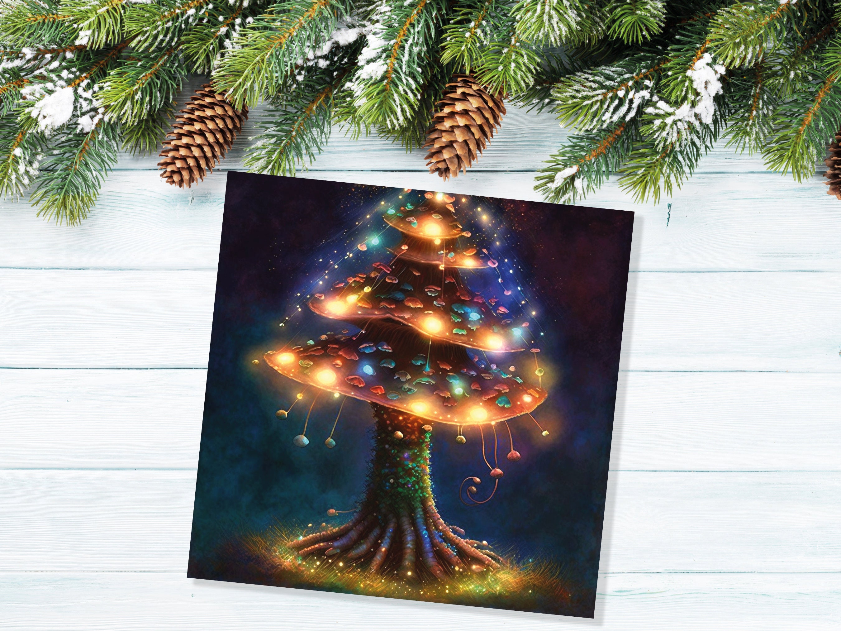 Mushroom Tree Card with Warm Fairy Lights Glowing Jewels Painting Unique Magical Whimsical Fairytale For Family Friends Christmas Thank You - View 4