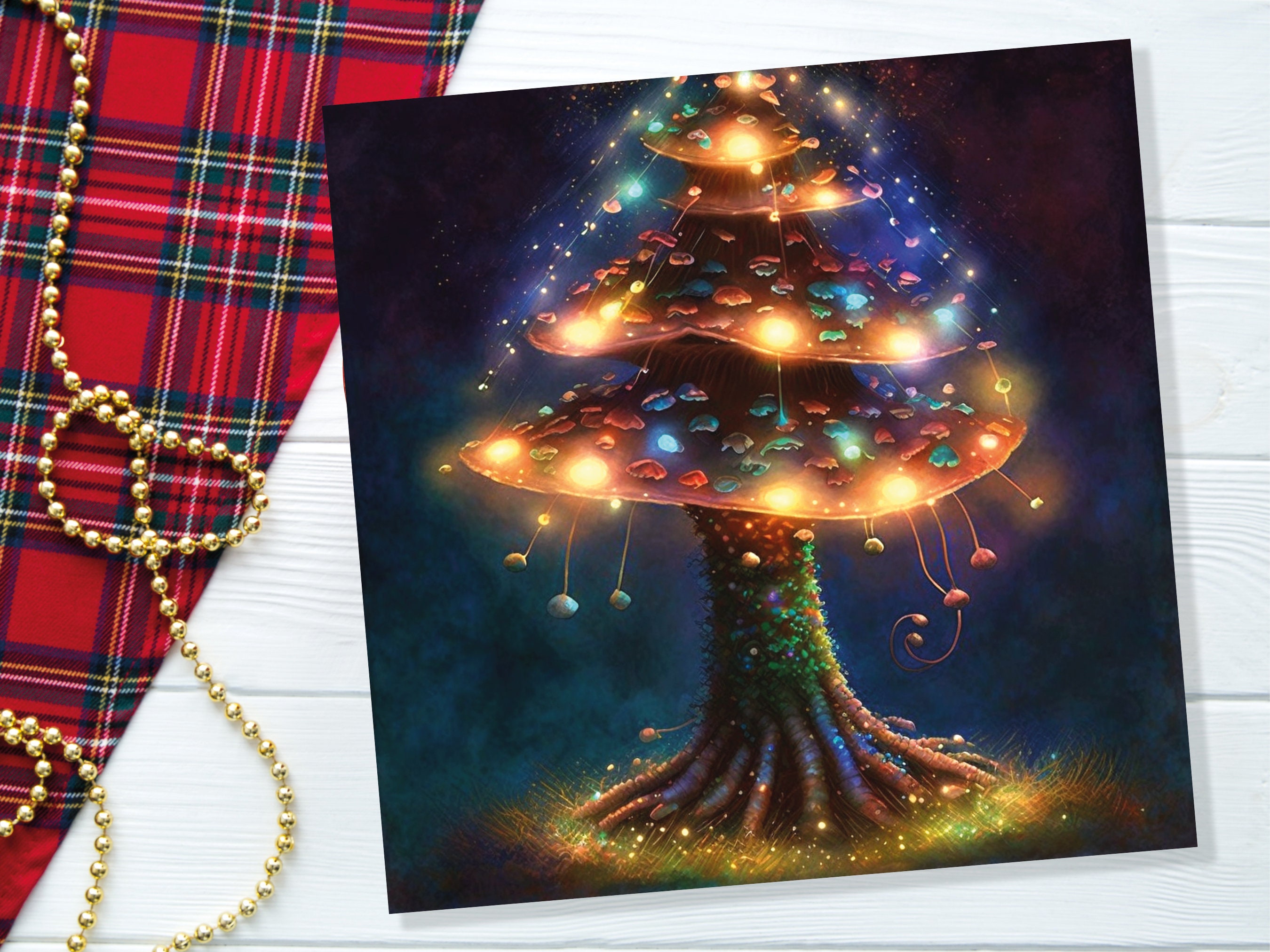 Mushroom Tree Card with Warm Fairy Lights Glowing Jewels Painting Unique Magical Whimsical Fairytale For Family Friends Christmas Thank You - View 5