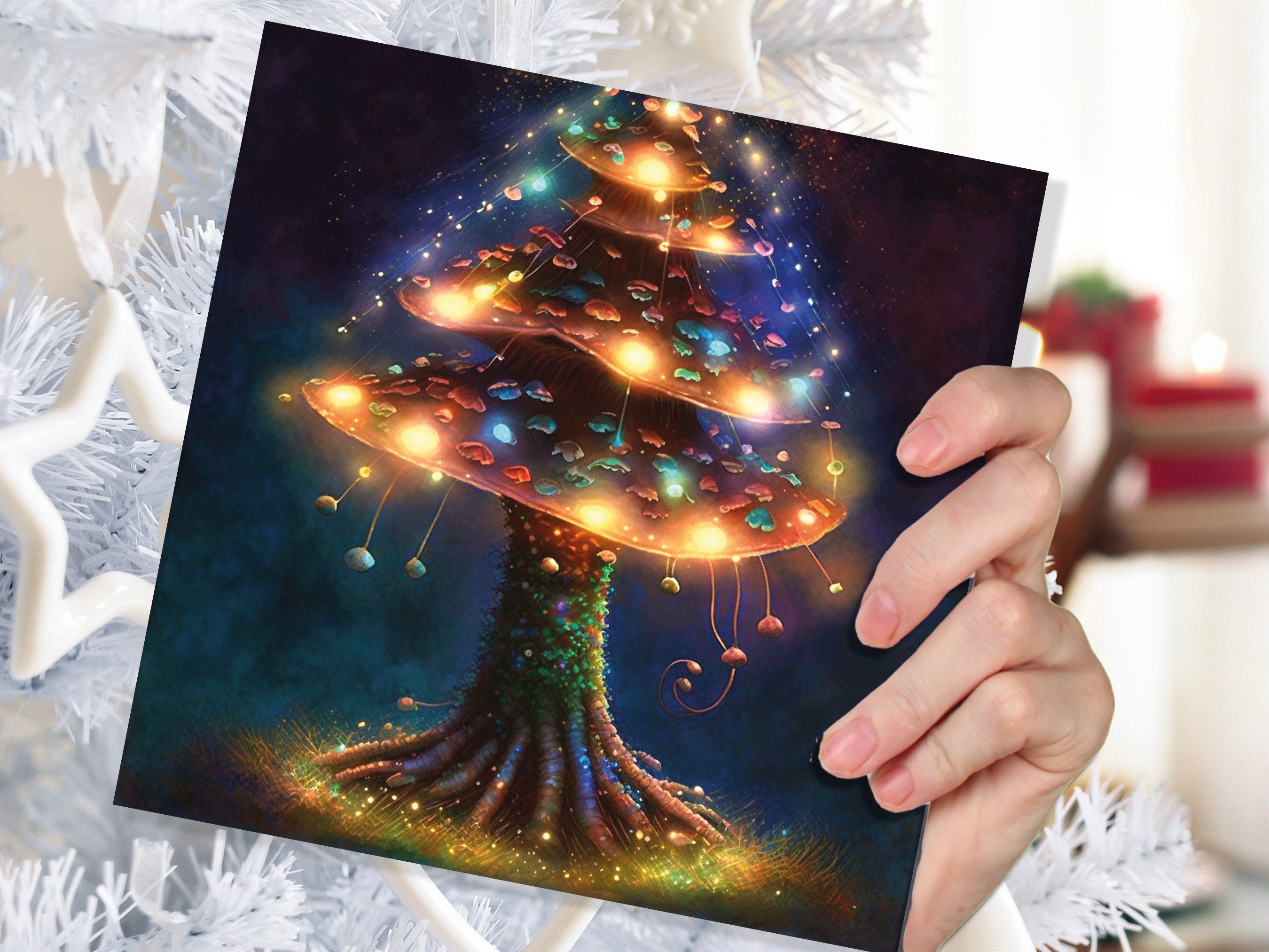 Mushroom Tree Card with Warm Fairy Lights Glowing Jewels Painting Unique Magical Whimsical Fairytale For Family Friends Christmas Thank You - View 6