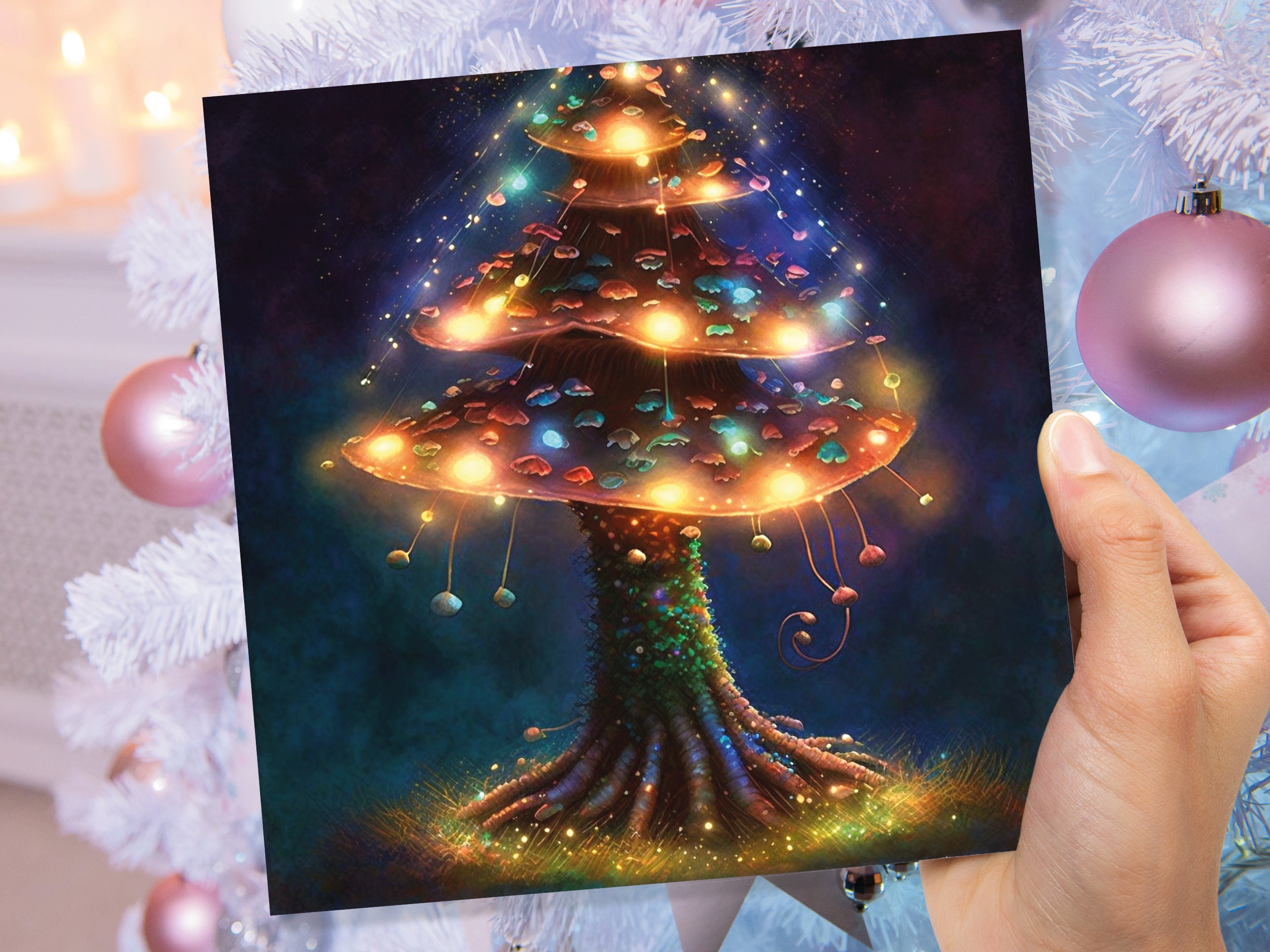 Mushroom Tree Card with Warm Fairy Lights Glowing Jewels Painting Unique Magical Whimsical Fairytale For Family Friends Christmas Thank You - View 7