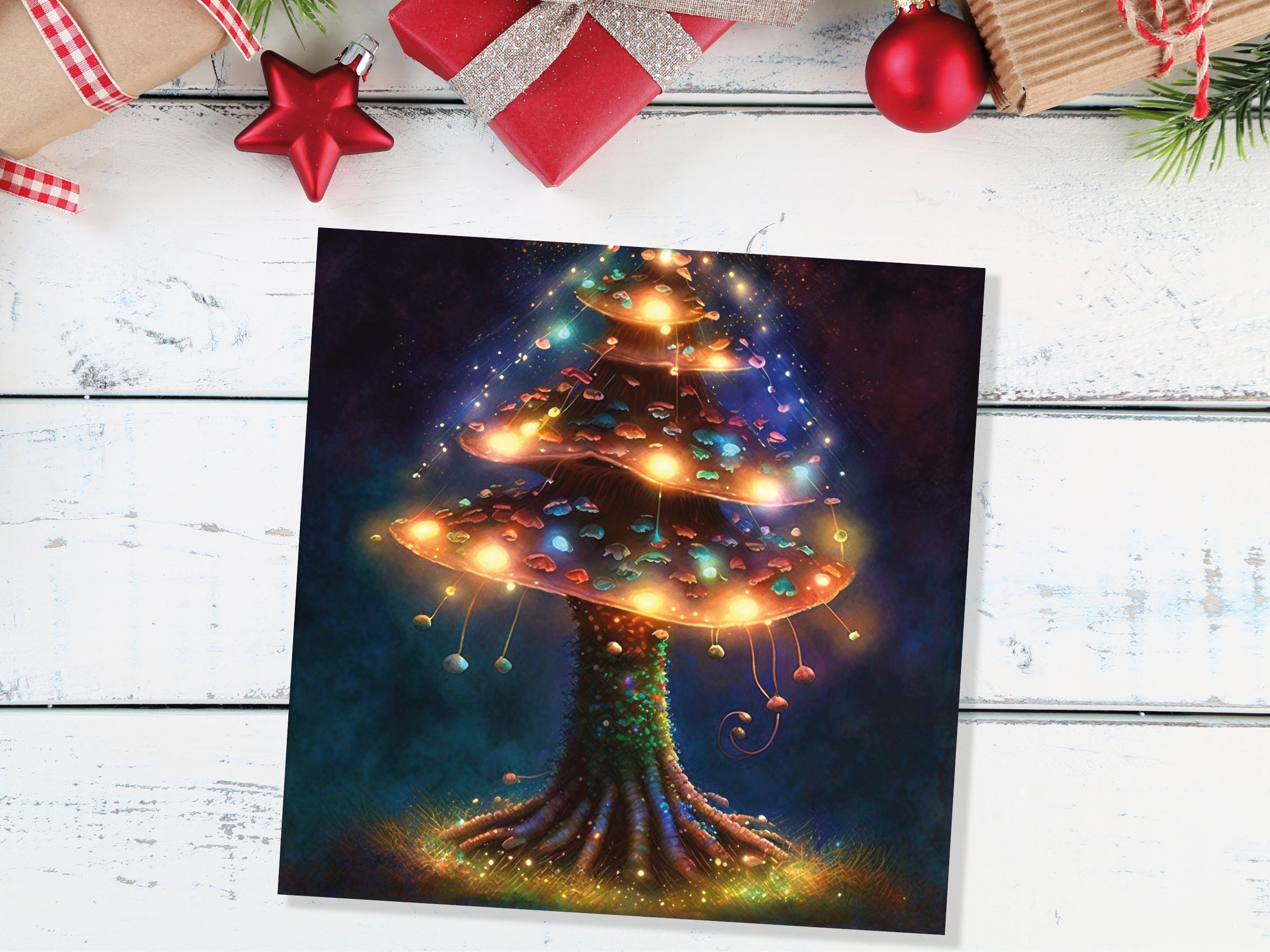 Mushroom Tree Card with Warm Fairy Lights Glowing Jewels Painting Unique Magical Whimsical Fairytale For Family Friends Christmas Thank You - View 8