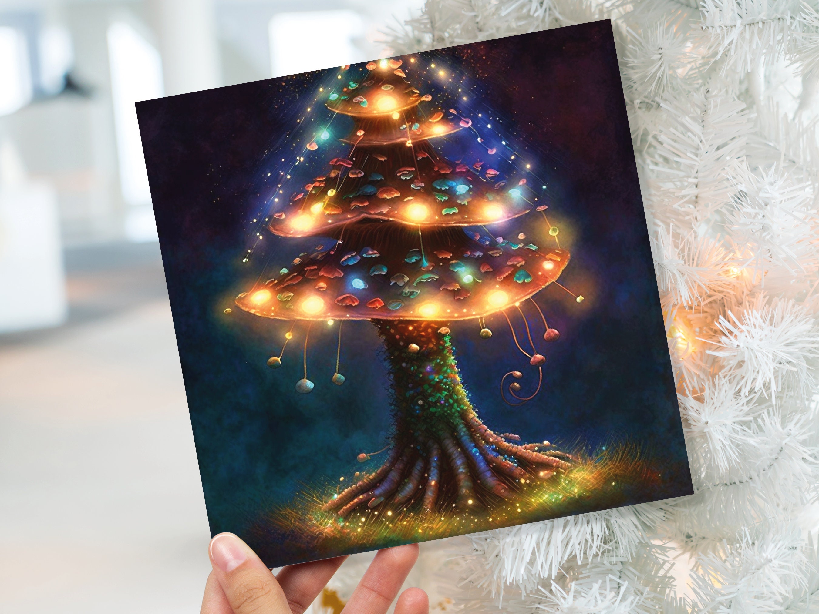 Mushroom Tree Card with Warm Fairy Lights Glowing Jewels Painting Unique Magical Whimsical Fairytale For Family Friends Christmas Thank You - View 9