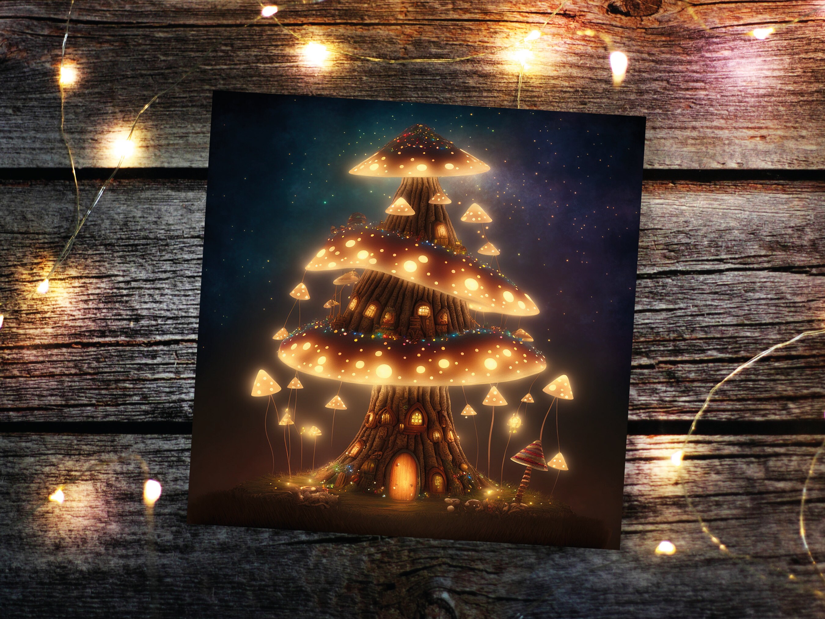 Fairycore Mushroom House Tree Card with Warm Lights Magical Glowing Golden Unique Whimsical Fairytale For Family Friends Christmas Thank You