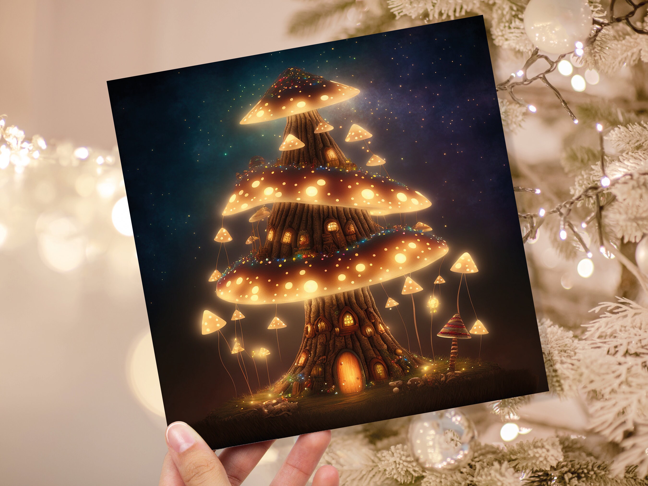 Fairycore Mushroom House Tree Card with Warm Lights Magical Glowing Golden Unique Whimsical Fairytale For Family Friends Christmas Thank You - View 2