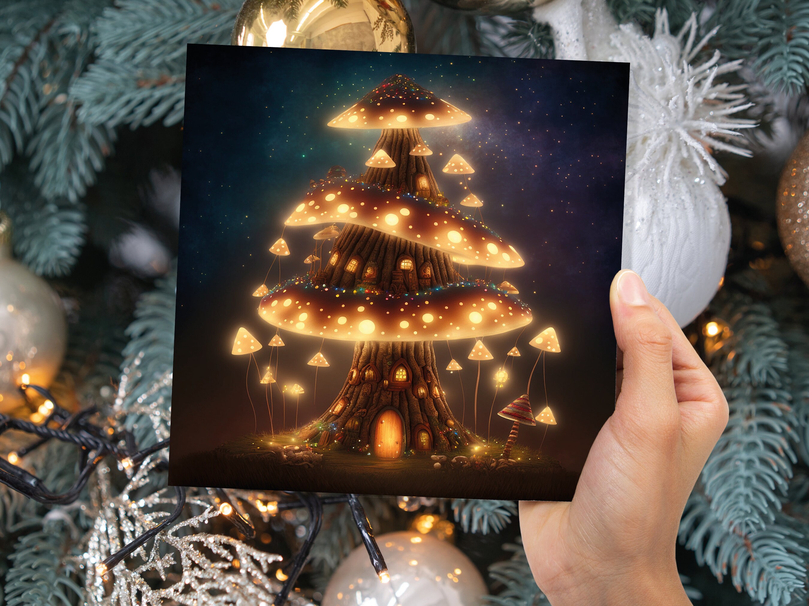 Fairycore Mushroom House Tree Card with Warm Lights Magical Glowing Golden Unique Whimsical Fairytale For Family Friends Christmas Thank You - View 3