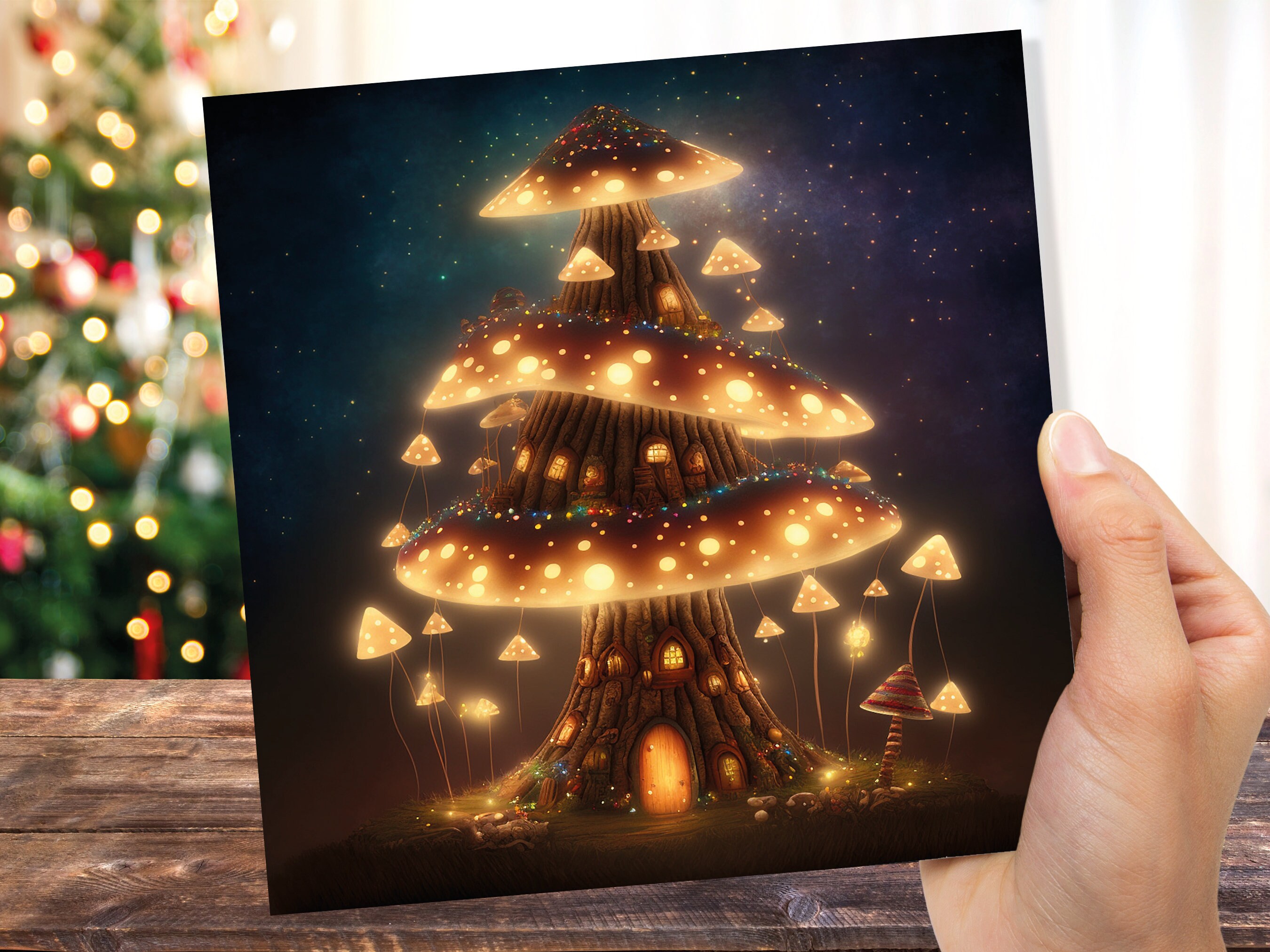 Fairycore Mushroom House Tree Card with Warm Lights Magical Glowing Golden Unique Whimsical Fairytale For Family Friends Christmas Thank You - View 4