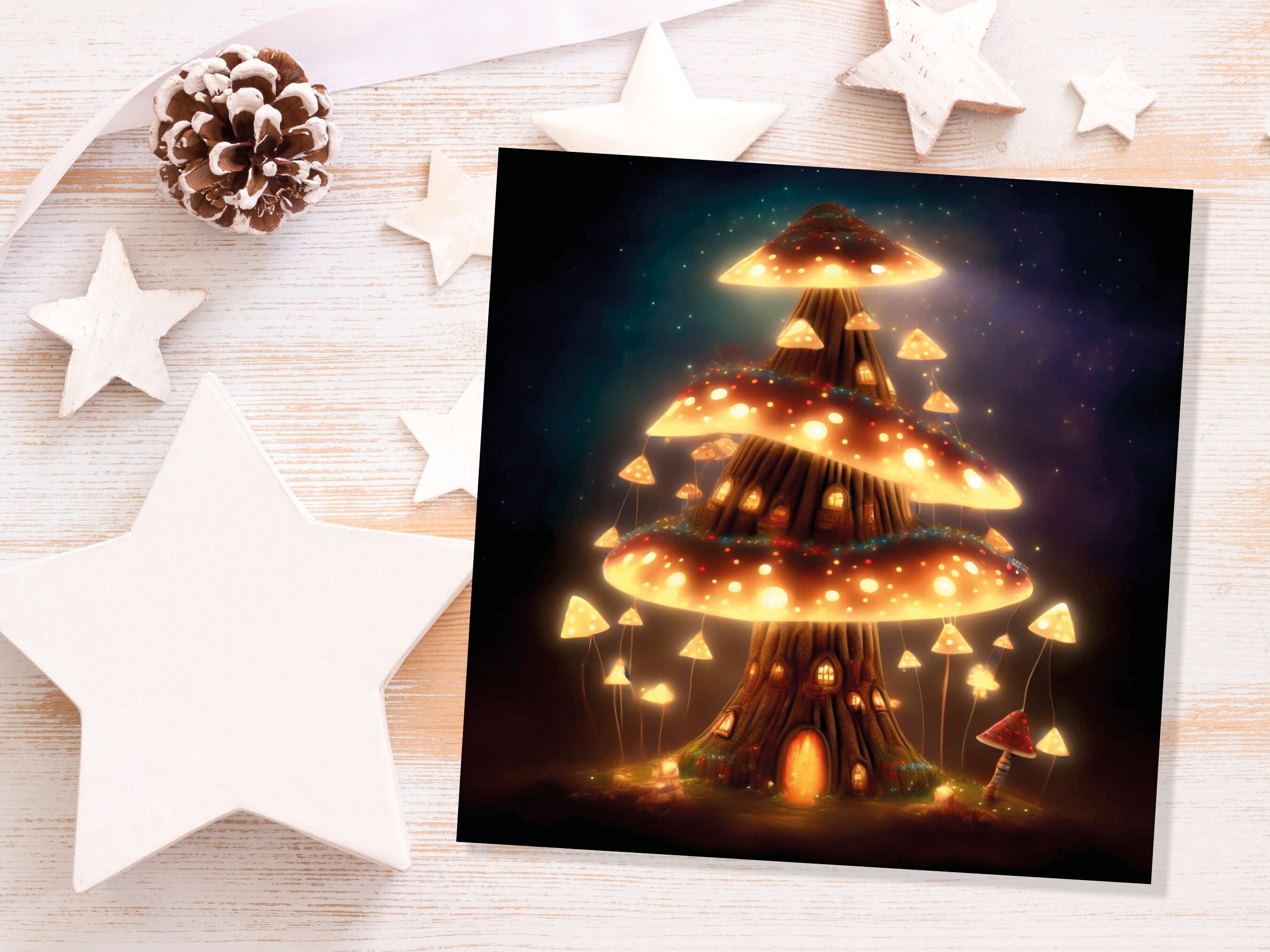 Fairycore Mushroom House Tree Card with Warm Lights Magical Glowing Golden Unique Whimsical Fairytale For Family Friends Christmas Thank You - View 5