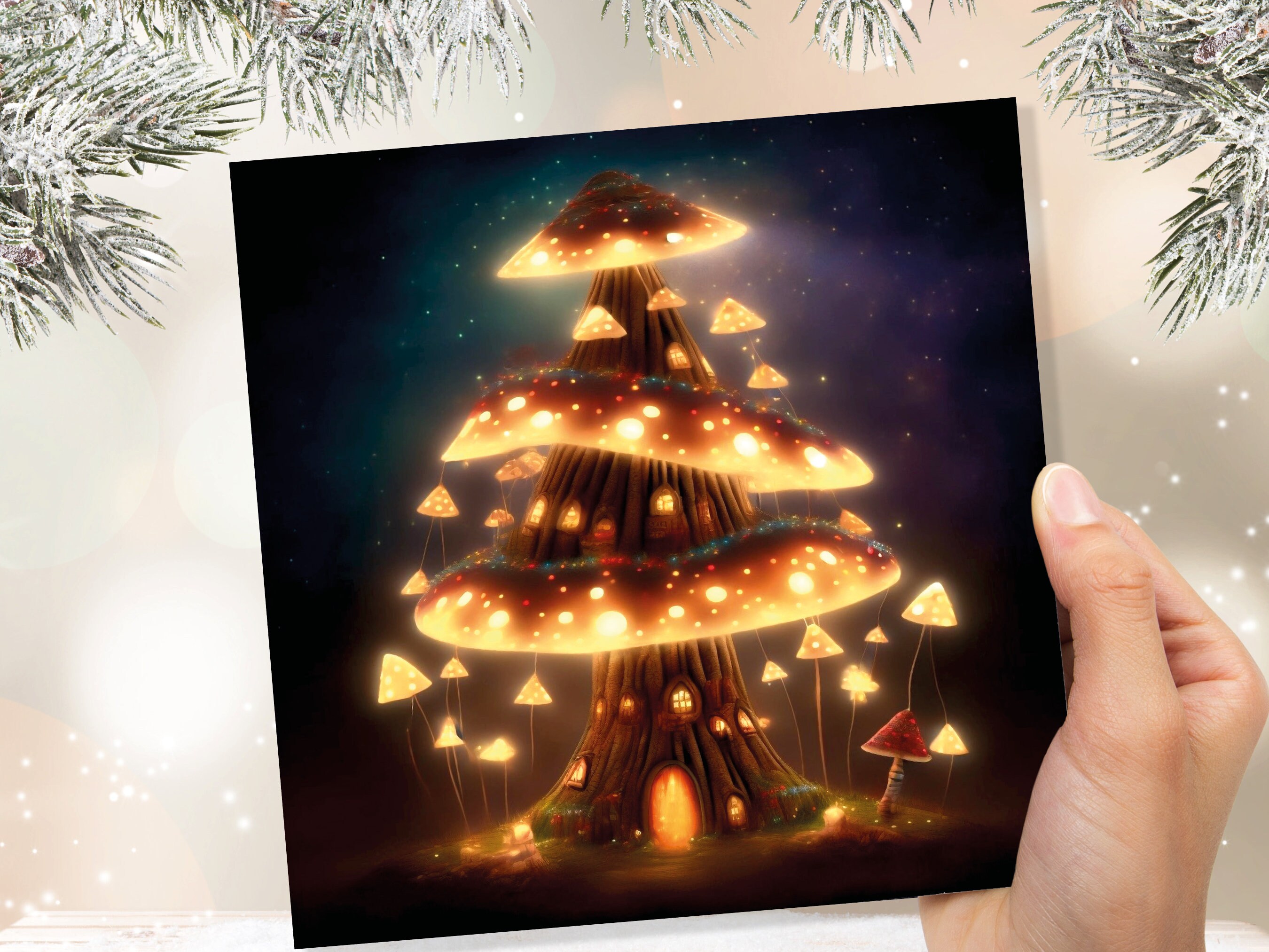 Fairycore Mushroom House Tree Card with Warm Lights Magical Glowing Golden Unique Whimsical Fairytale For Family Friends Christmas Thank You - View 6