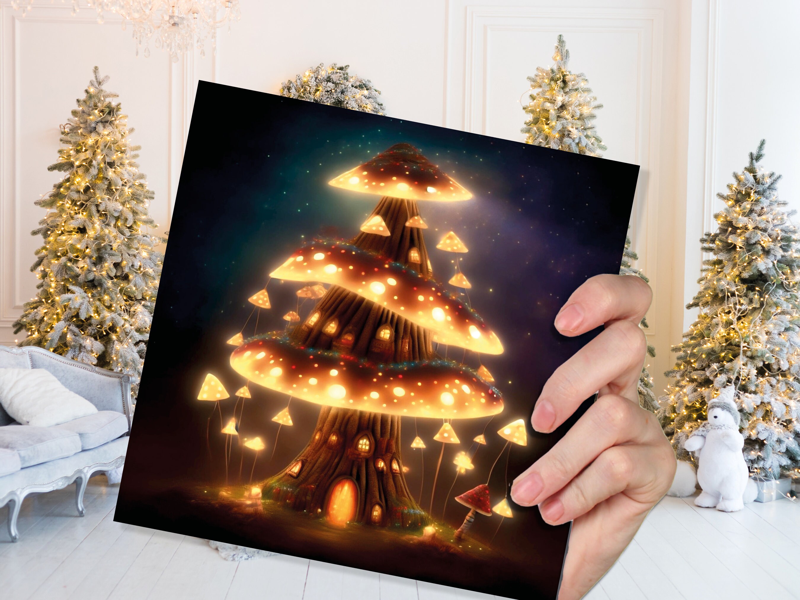 Fairycore Mushroom House Tree Card with Warm Lights Magical Glowing Golden Unique Whimsical Fairytale For Family Friends Christmas Thank You - View 7