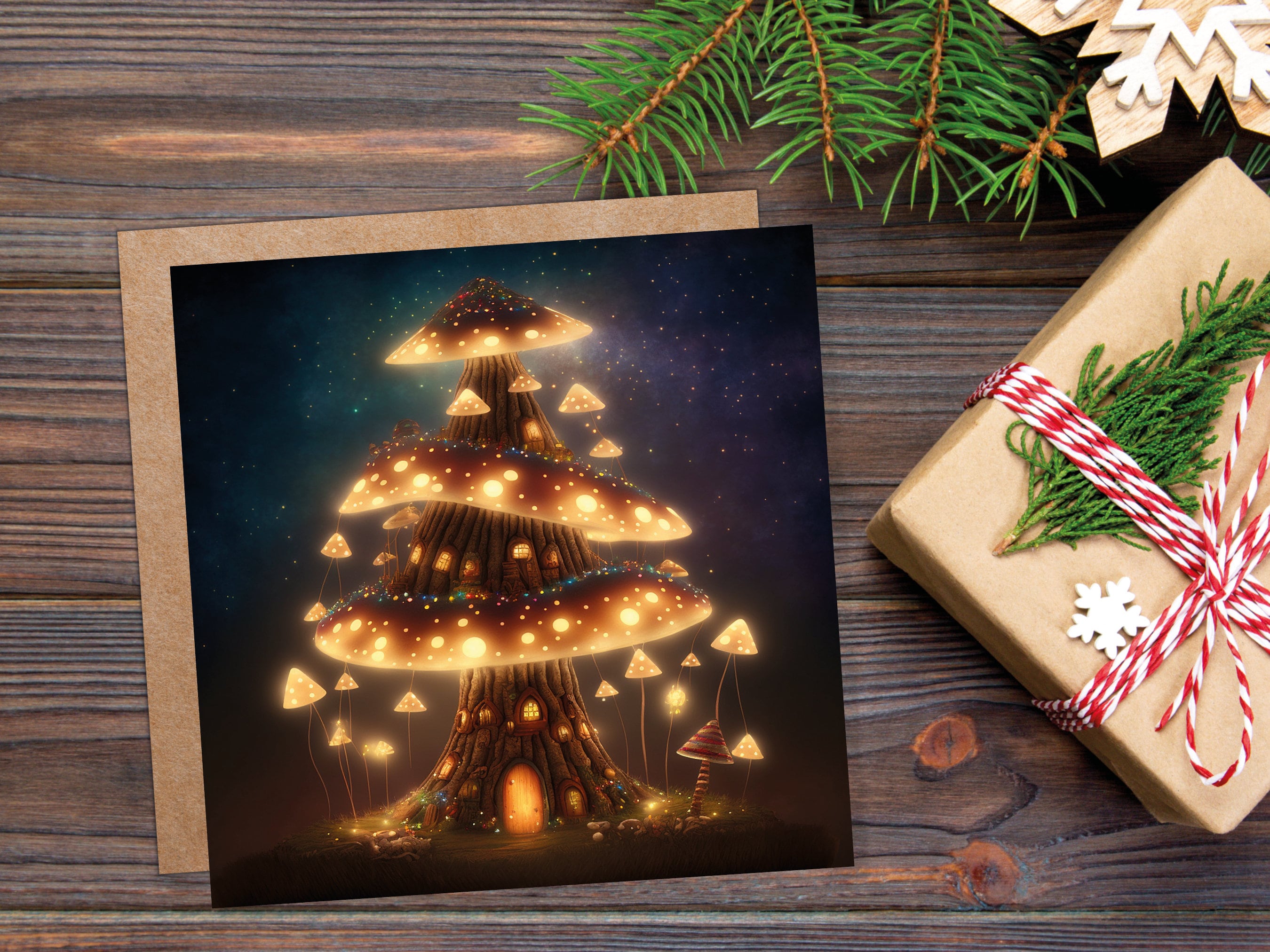 Fairycore Mushroom House Tree Card with Warm Lights Magical Glowing Golden Unique Whimsical Fairytale For Family Friends Christmas Thank You - View 8