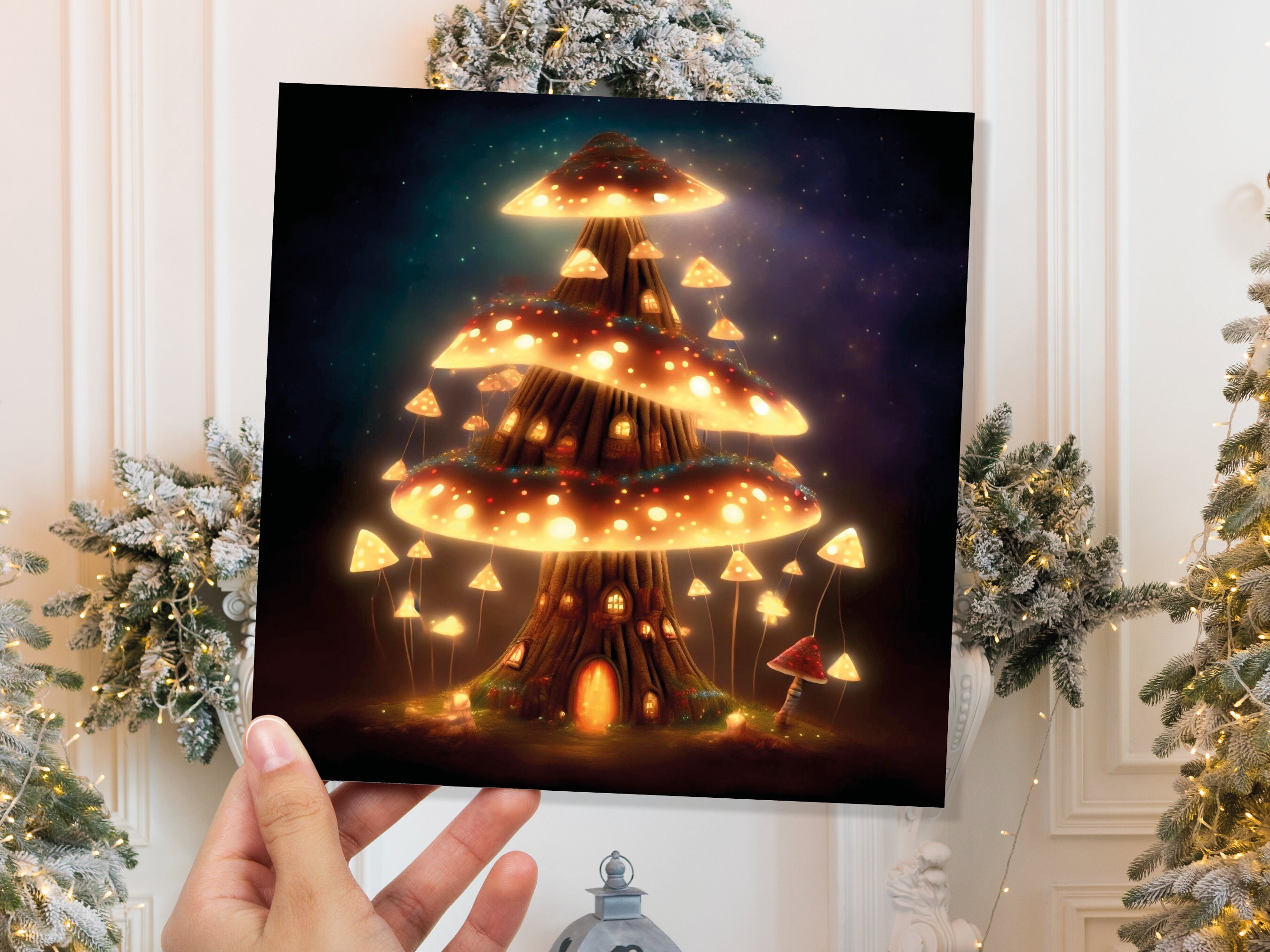 Fairycore Mushroom House Tree Card with Warm Lights Magical Glowing Golden Unique Whimsical Fairytale For Family Friends Christmas Thank You - View 9