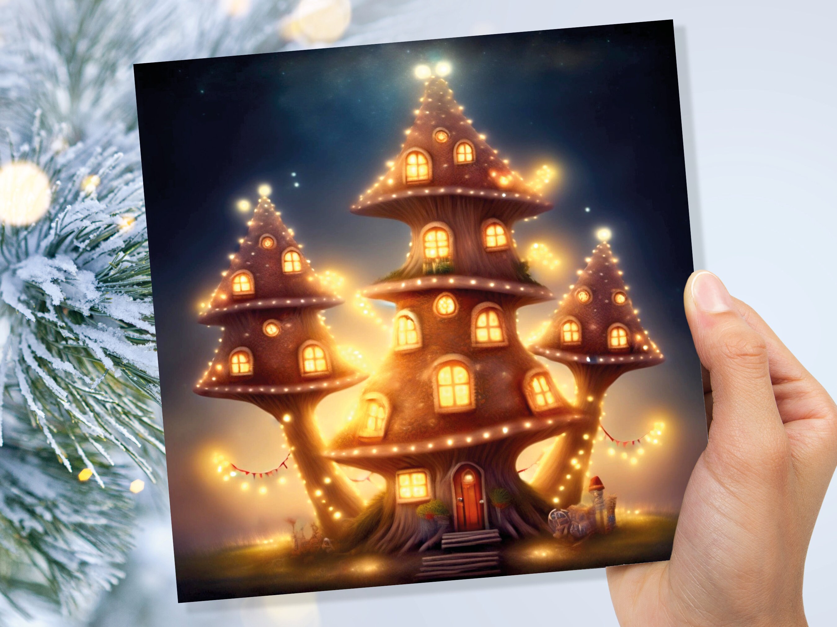 Cosy Fairytale Mushroom House Card with Warm Lights Magical Glowing Golden Unique Whimsical For Family Friends Housewarming New Home Thanks