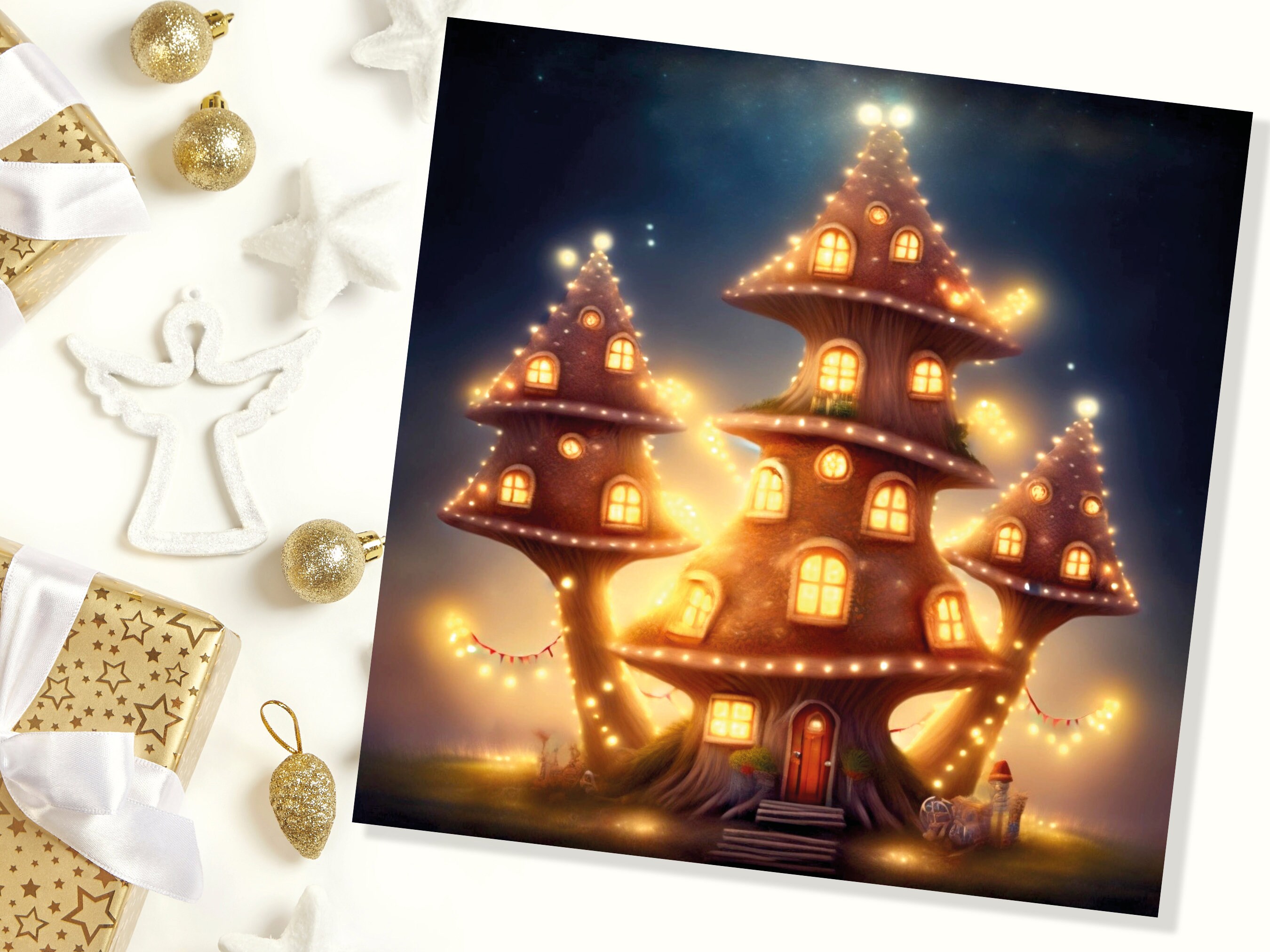 Cosy Fairytale Mushroom House Card with Warm Lights Magical Glowing Golden Unique Whimsical For Family Friends Housewarming New Home Thanks - View 2