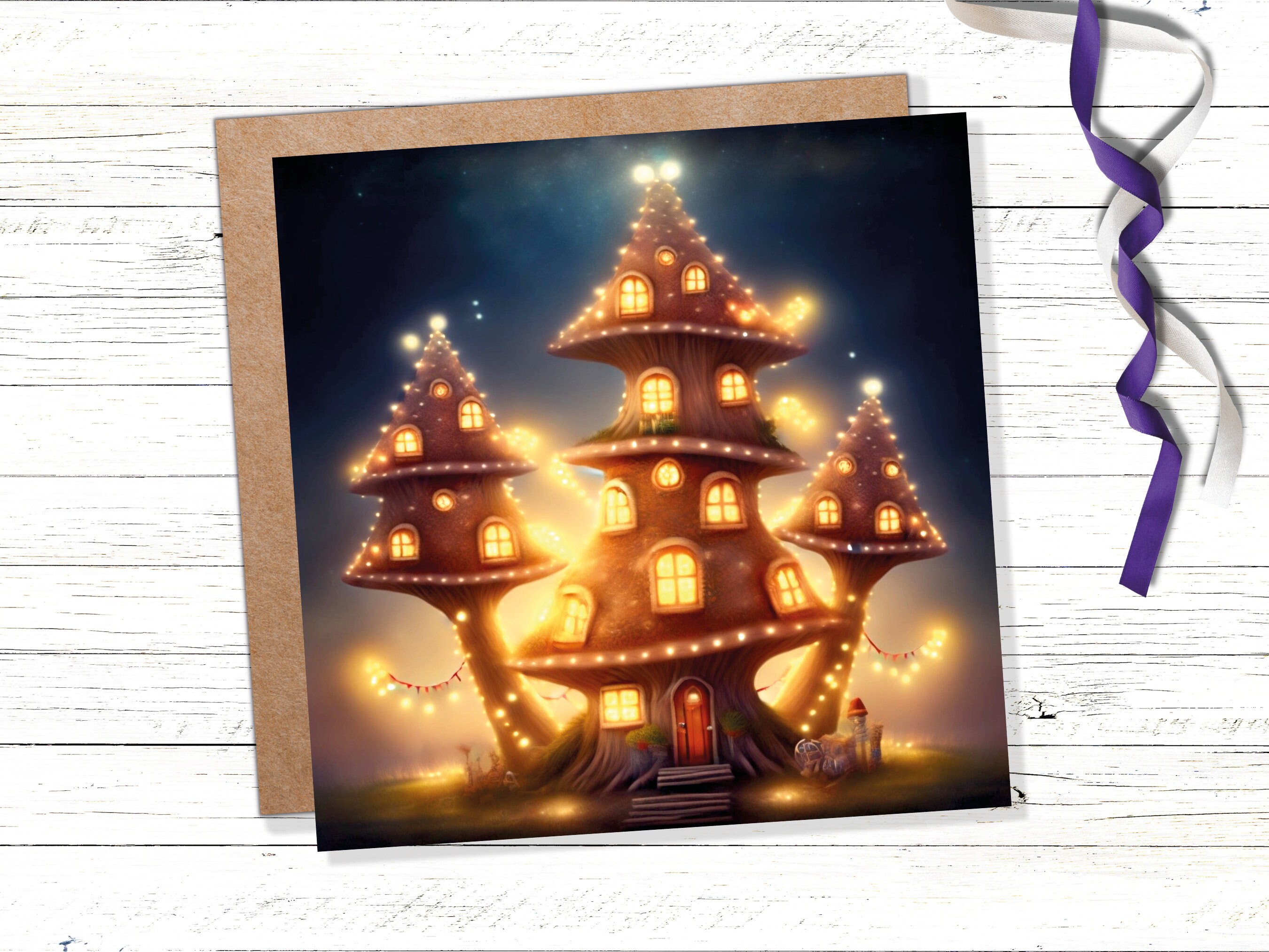 Cosy Fairytale Mushroom House Card with Warm Lights Magical Glowing Golden Unique Whimsical For Family Friends Housewarming New Home Thanks - View 3