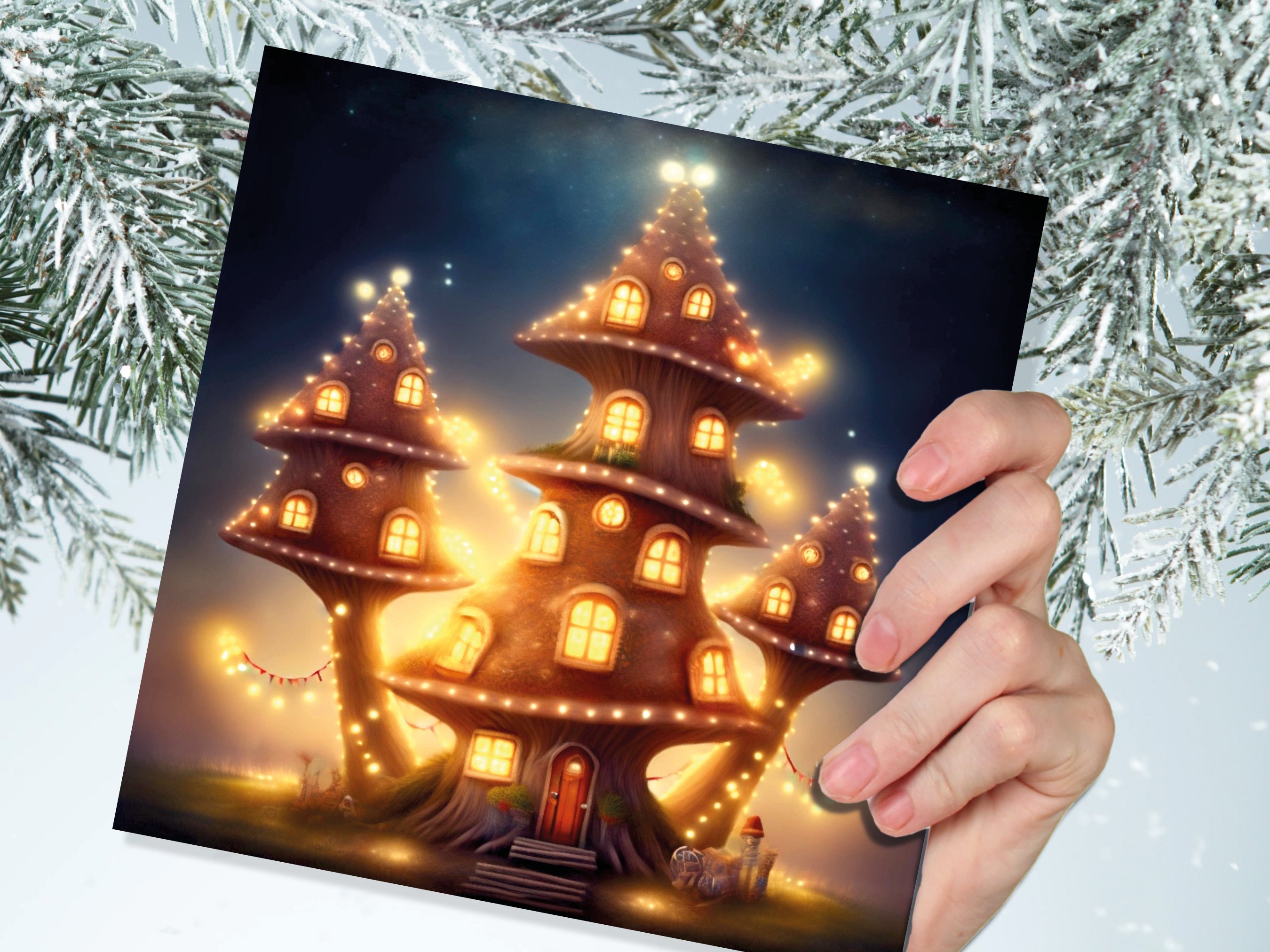 Cosy Fairytale Mushroom House Card with Warm Lights Magical Glowing Golden Unique Whimsical For Family Friends Housewarming New Home Thanks - View 4