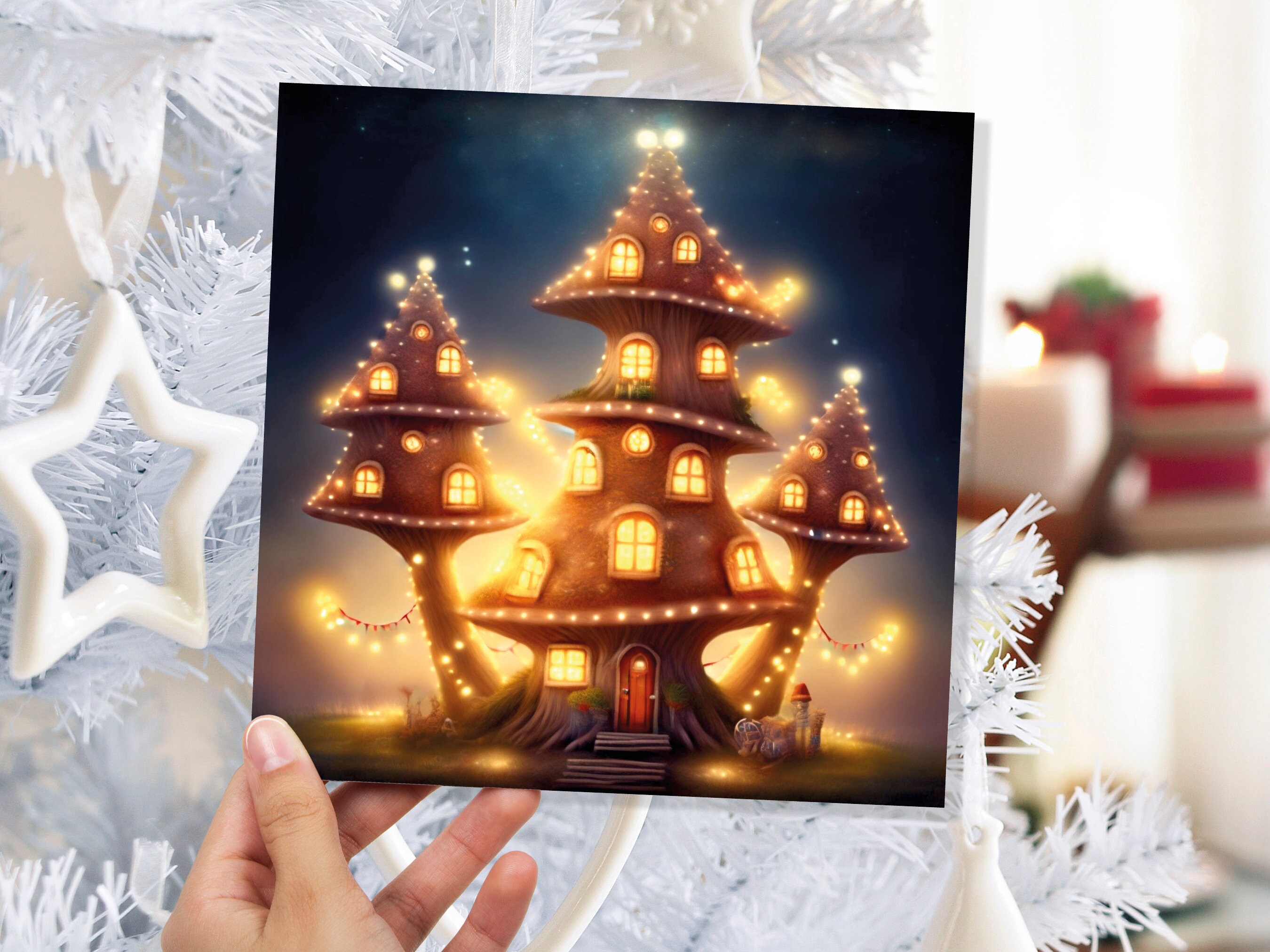 Cosy Fairytale Mushroom House Card with Warm Lights Magical Glowing Golden Unique Whimsical For Family Friends Housewarming New Home Thanks - View 5