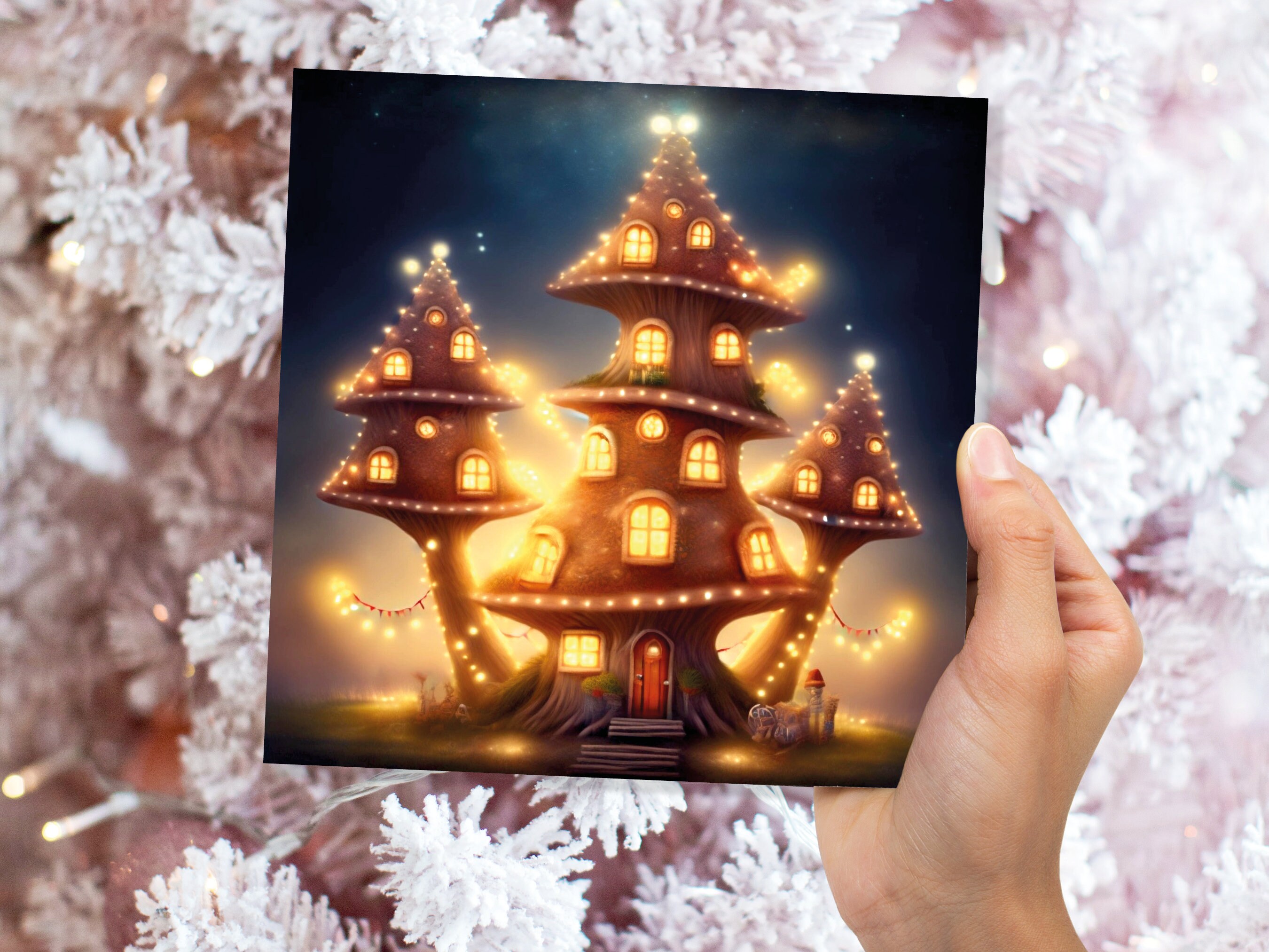 Cosy Fairytale Mushroom House Card with Warm Lights Magical Glowing Golden Unique Whimsical For Family Friends Housewarming New Home Thanks - View 6