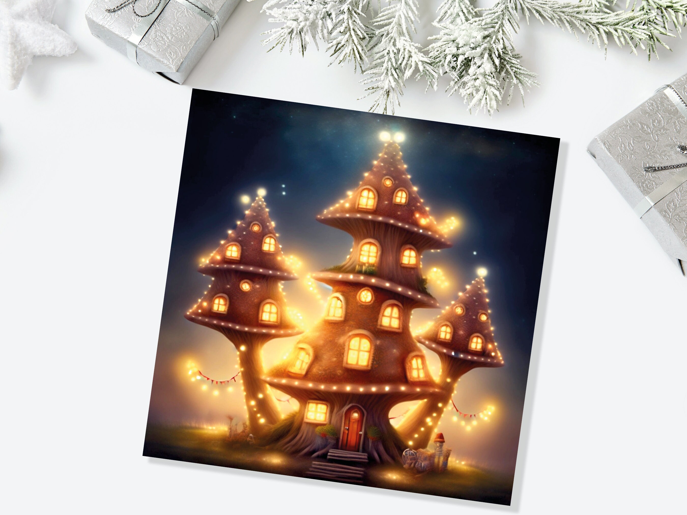 Cosy Fairytale Mushroom House Card with Warm Lights Magical Glowing Golden Unique Whimsical For Family Friends Housewarming New Home Thanks - View 7