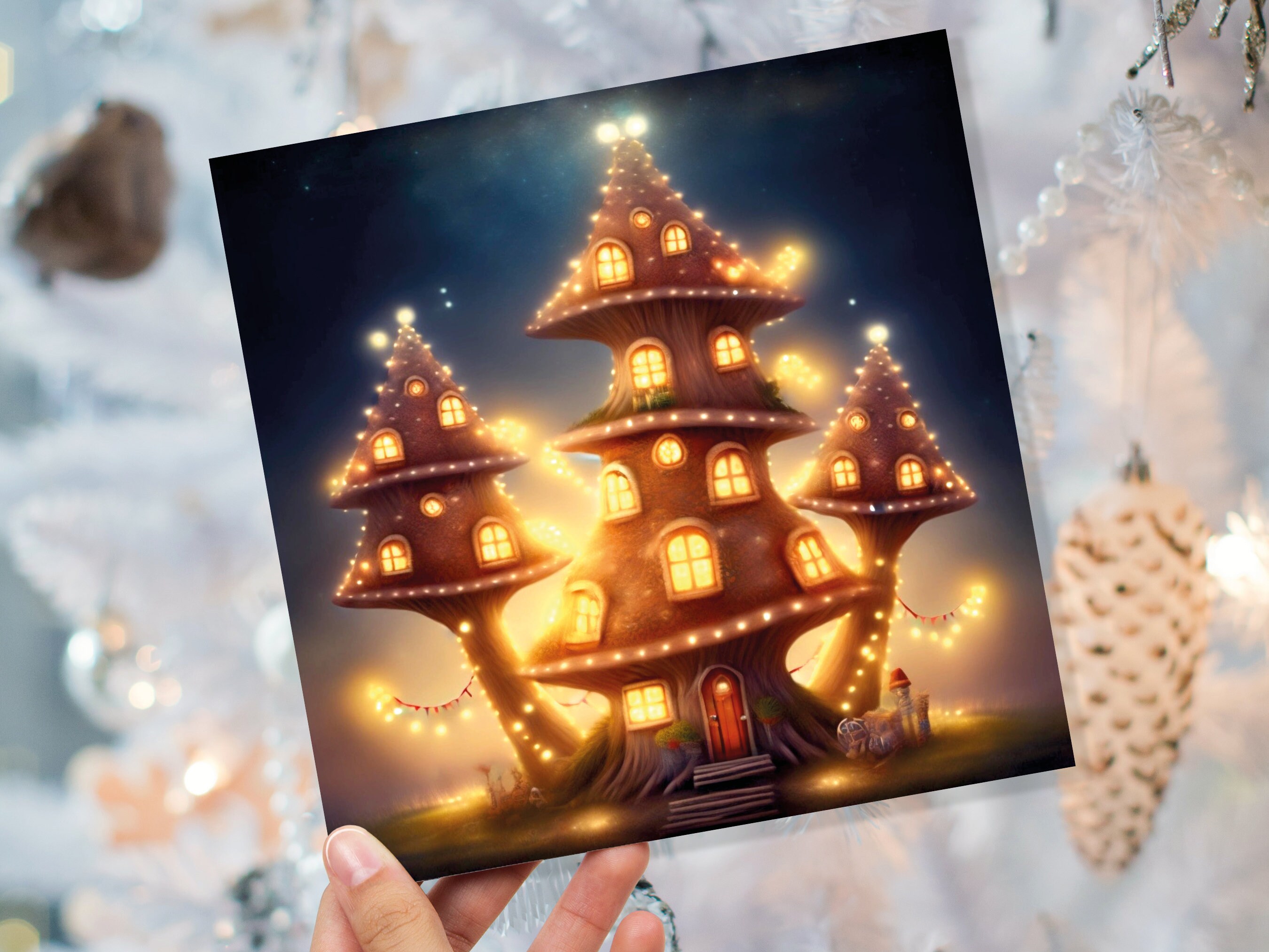 Cosy Fairytale Mushroom House Card with Warm Lights Magical Glowing Golden Unique Whimsical For Family Friends Housewarming New Home Thanks - View 9