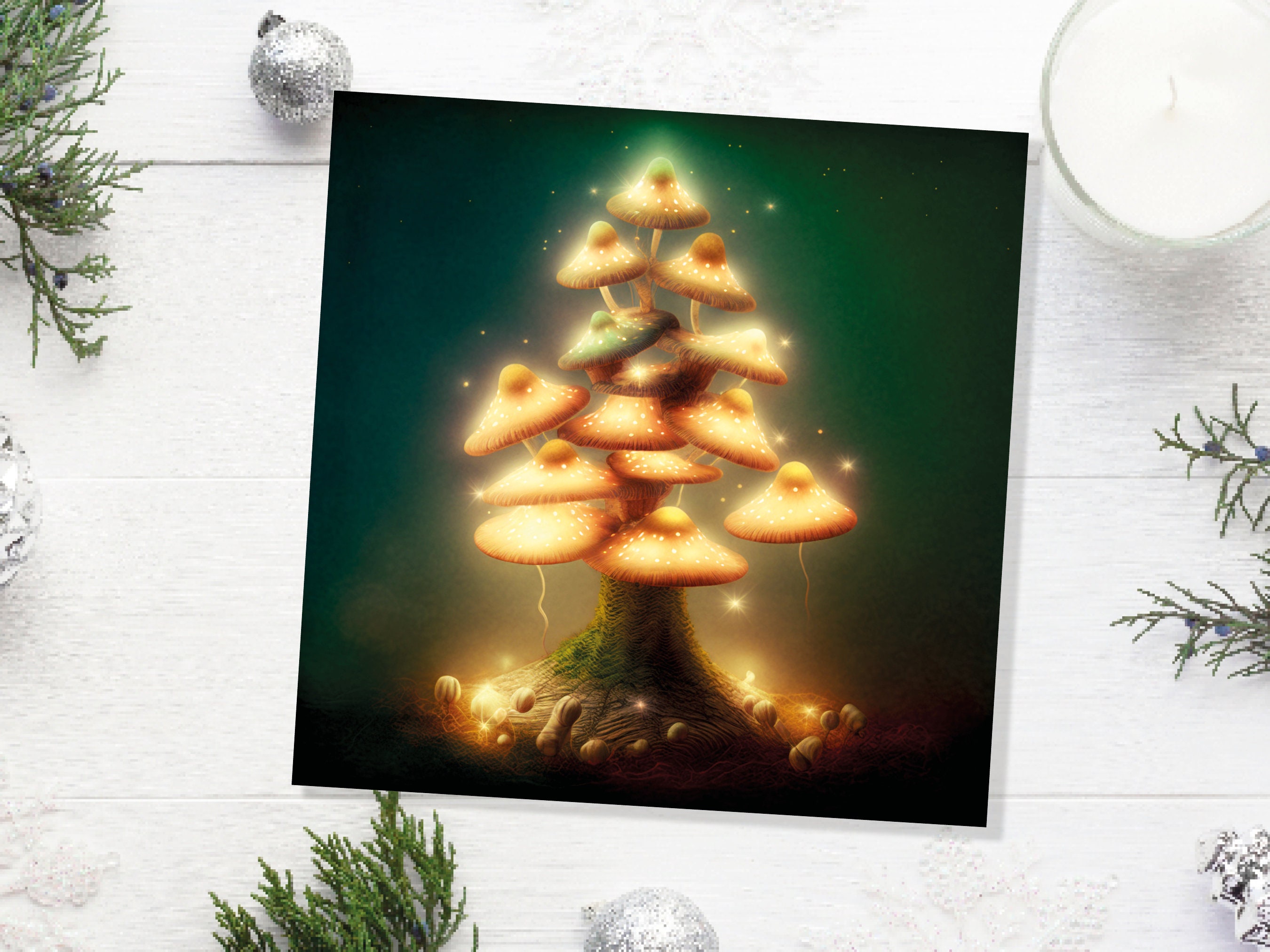 Mushrooms Tree Card Warm Golden Glowing Magical Fairycore Fairytale Fairy Lights Unique Whimsical For Family Friends Xmas 2024 Thank You