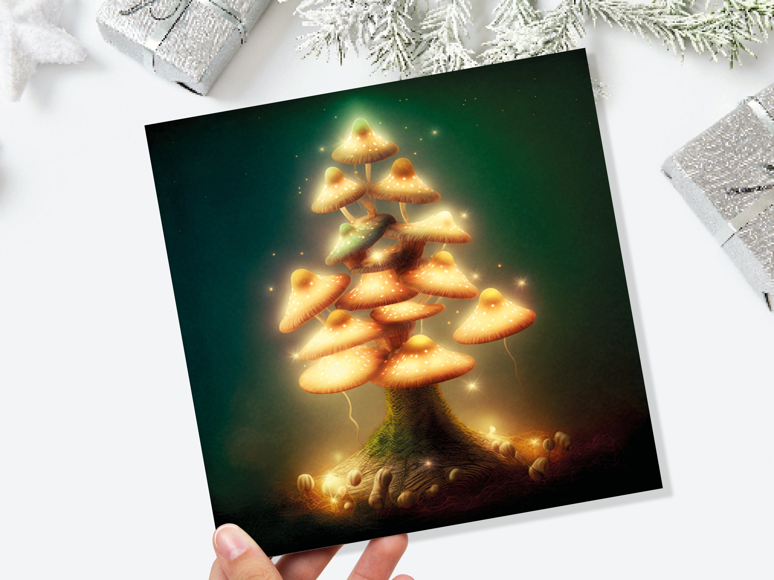 Mushrooms Tree Card Warm Golden Glowing Magical Fairycore Fairytale Fairy Lights Unique Whimsical For Family Friends Xmas 2024 Thank You - View 2