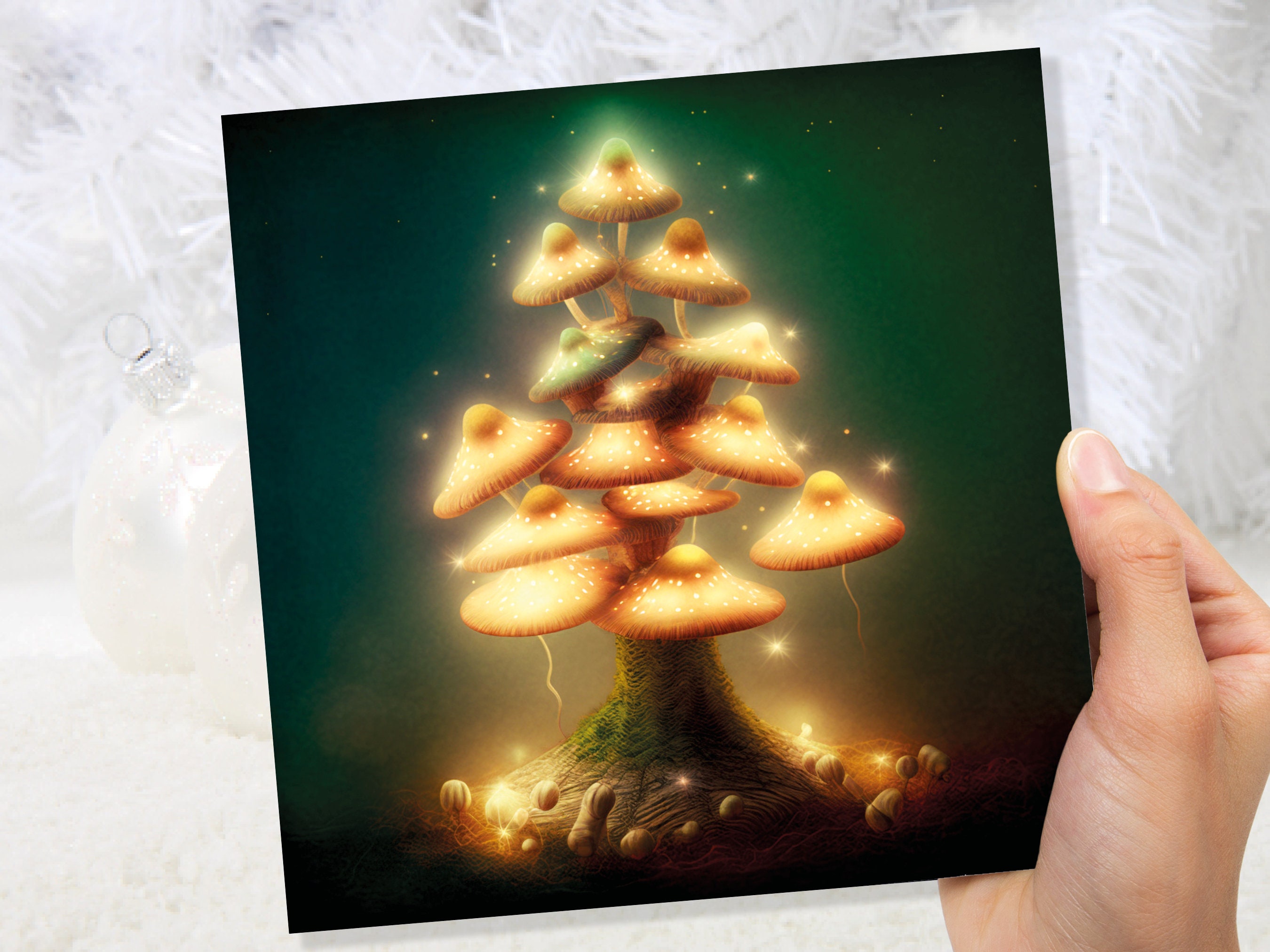 Mushrooms Tree Card Warm Golden Glowing Magical Fairycore Fairytale Fairy Lights Unique Whimsical For Family Friends Xmas 2024 Thank You - View 3