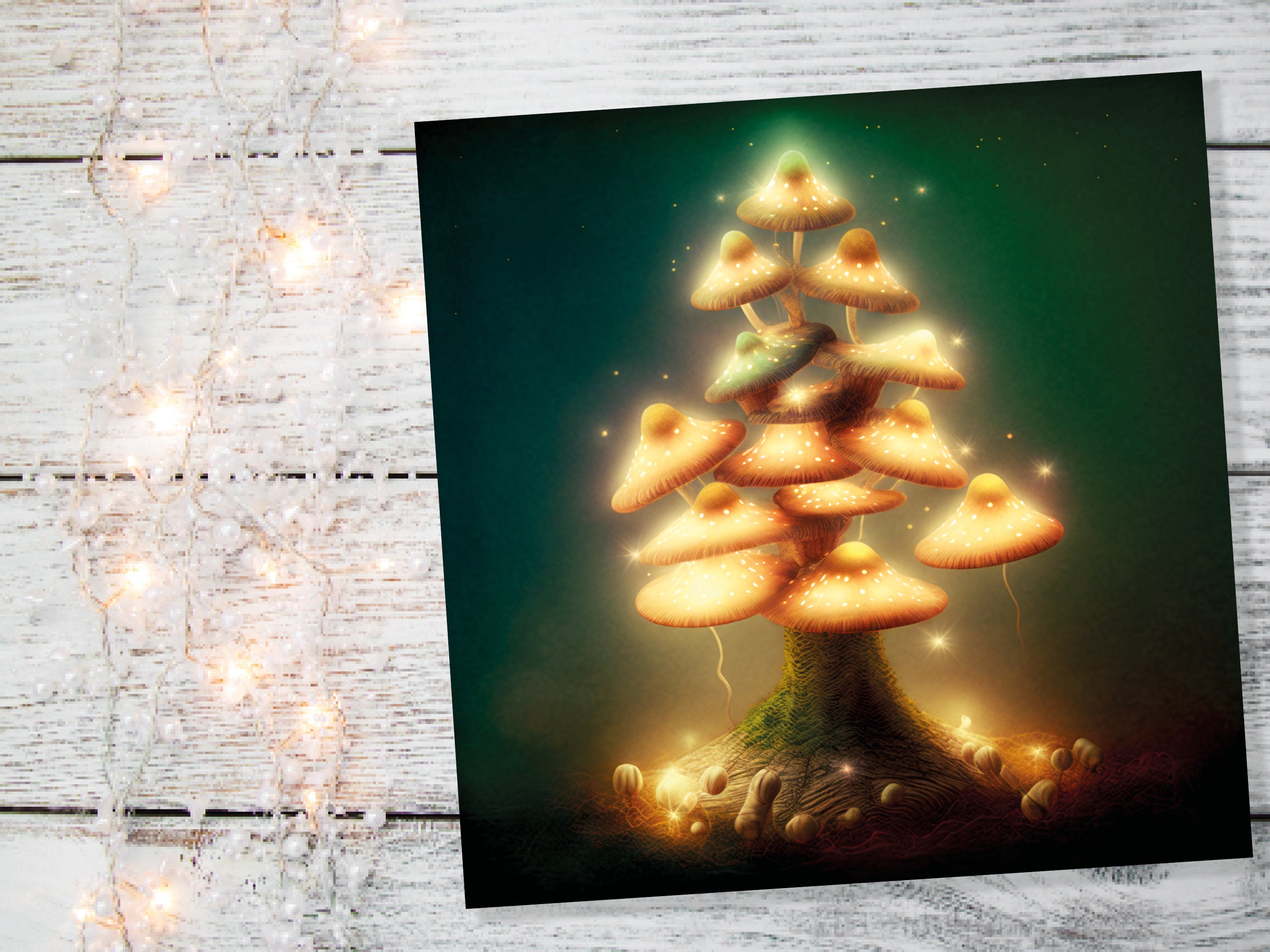 Mushrooms Tree Card Warm Golden Glowing Magical Fairycore Fairytale Fairy Lights Unique Whimsical For Family Friends Xmas 2024 Thank You - View 4