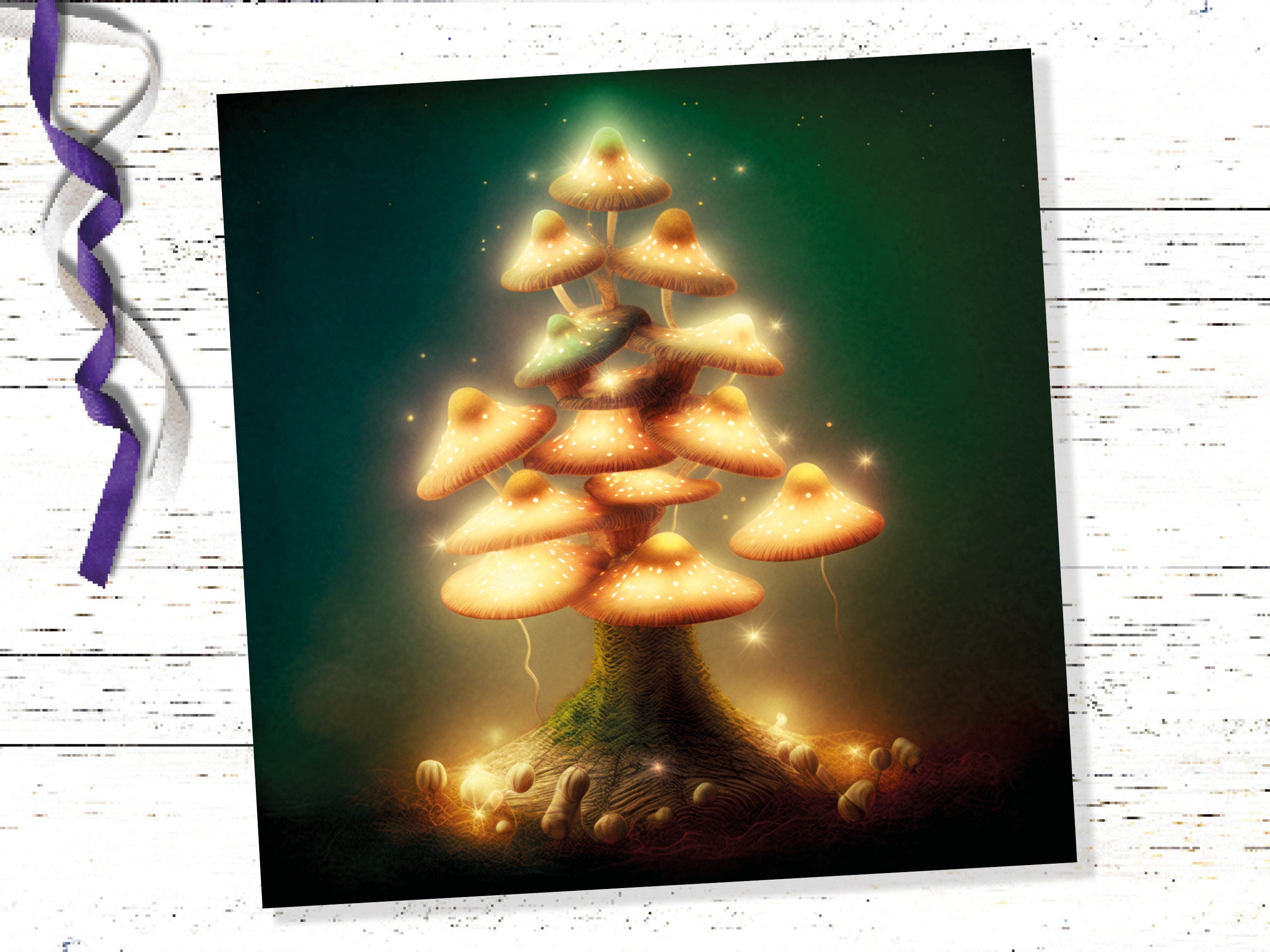 Mushrooms Tree Card Warm Golden Glowing Magical Fairycore Fairytale Fairy Lights Unique Whimsical For Family Friends Xmas 2024 Thank You - View 5