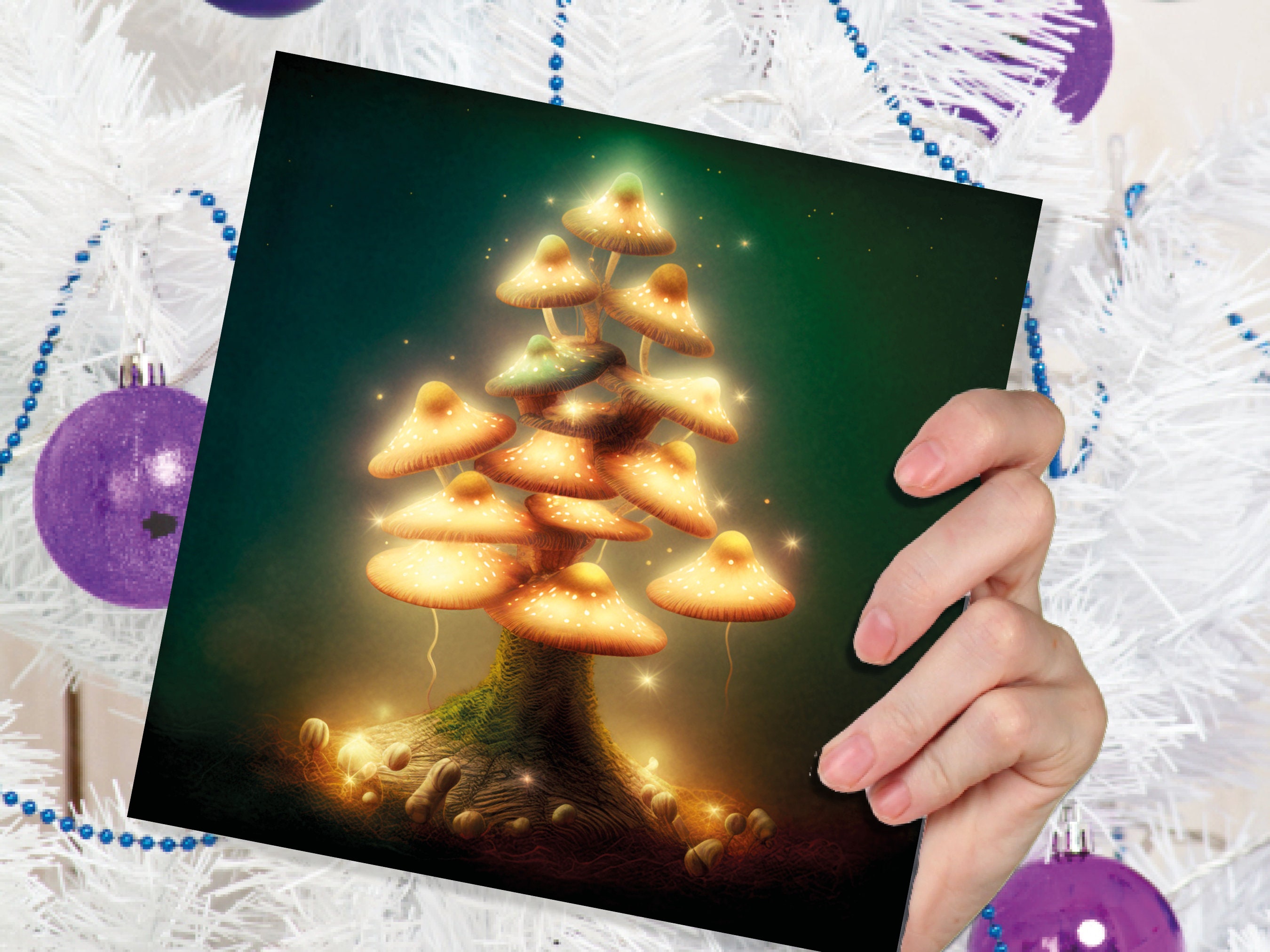 Mushrooms Tree Card Warm Golden Glowing Magical Fairycore Fairytale Fairy Lights Unique Whimsical For Family Friends Xmas 2024 Thank You - View 6