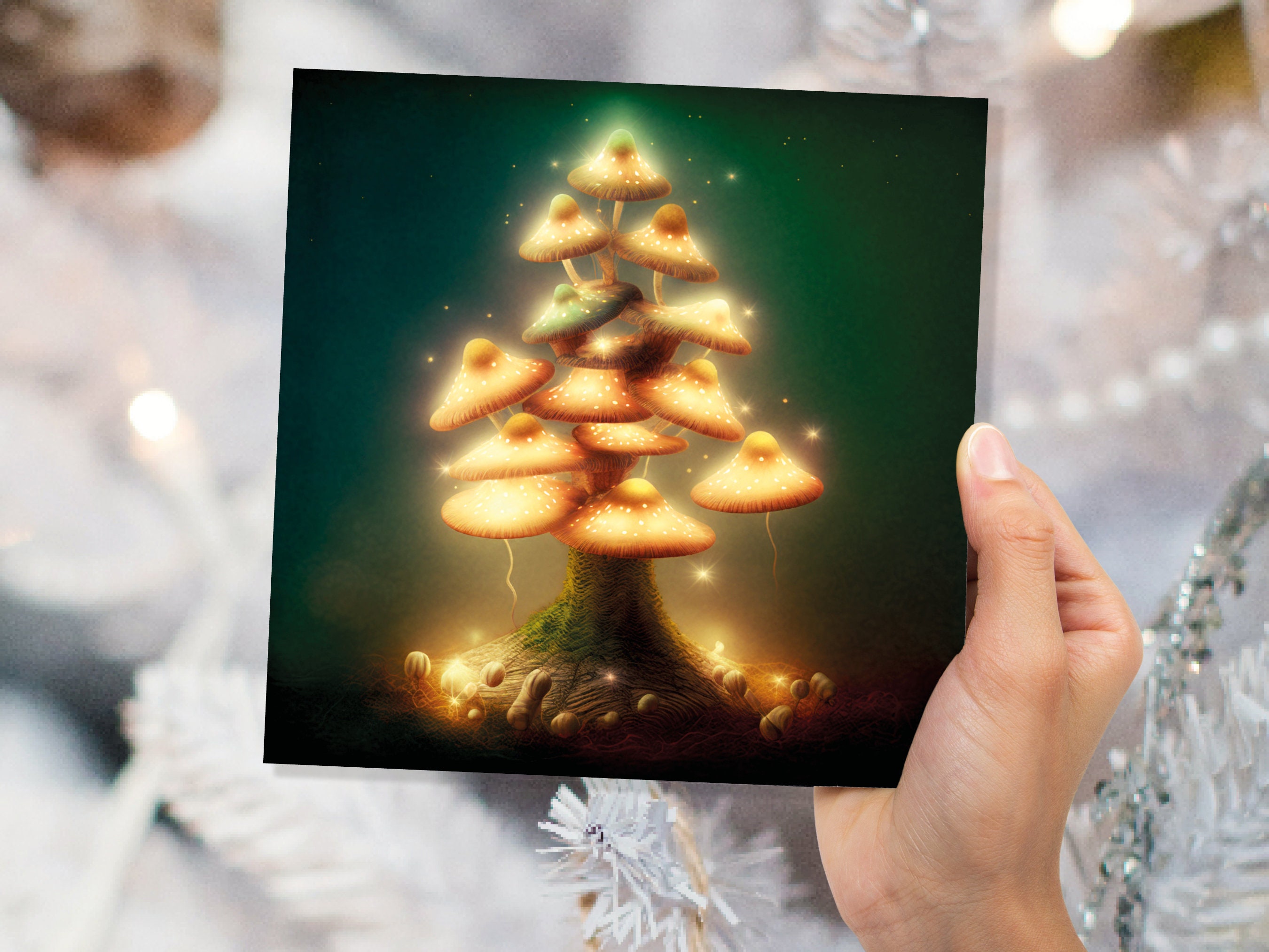 Mushrooms Tree Card Warm Golden Glowing Magical Fairycore Fairytale Fairy Lights Unique Whimsical For Family Friends Xmas 2024 Thank You - View 7