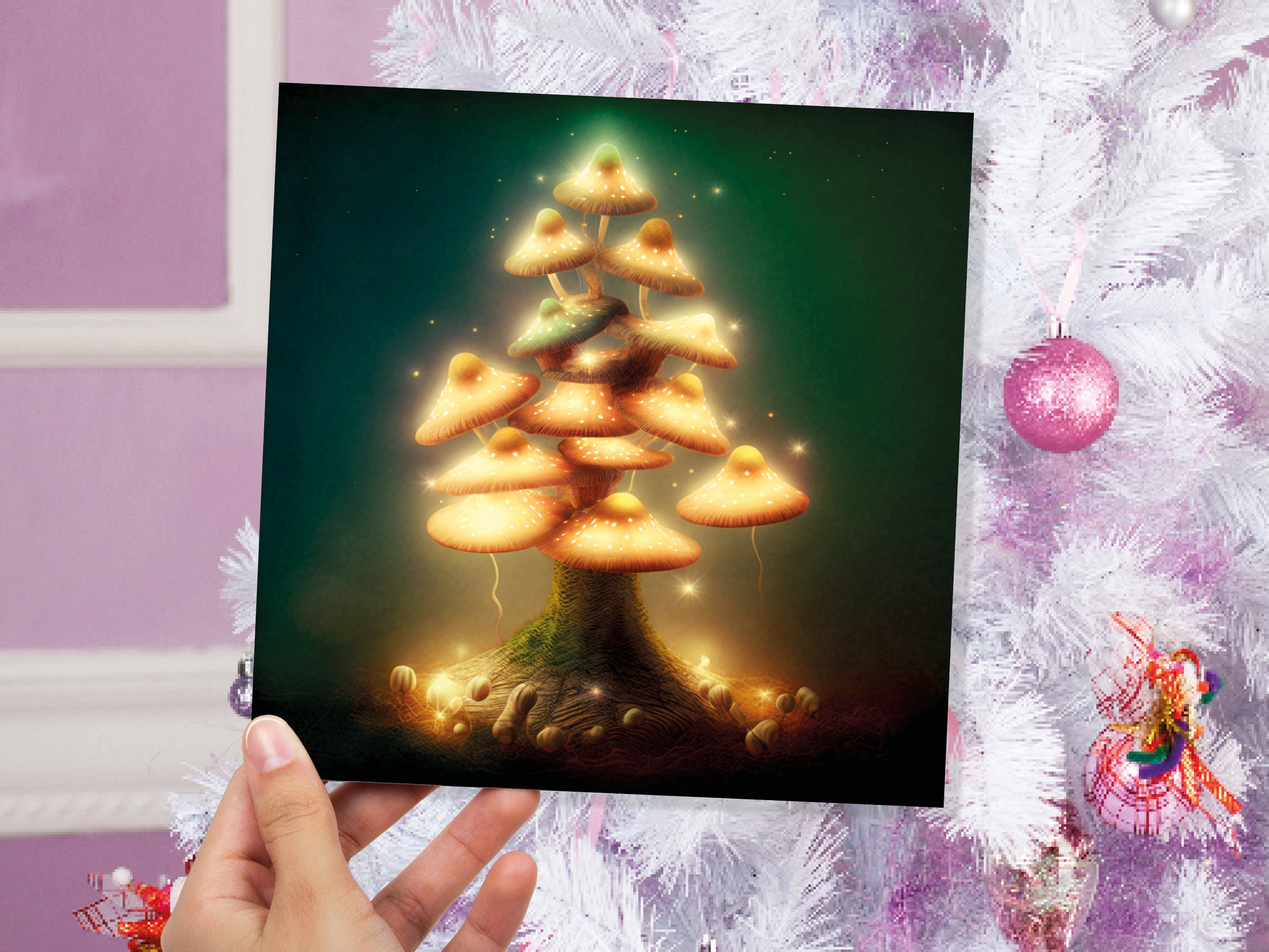 Mushrooms Tree Card Warm Golden Glowing Magical Fairycore Fairytale Fairy Lights Unique Whimsical For Family Friends Xmas 2024 Thank You - View 8