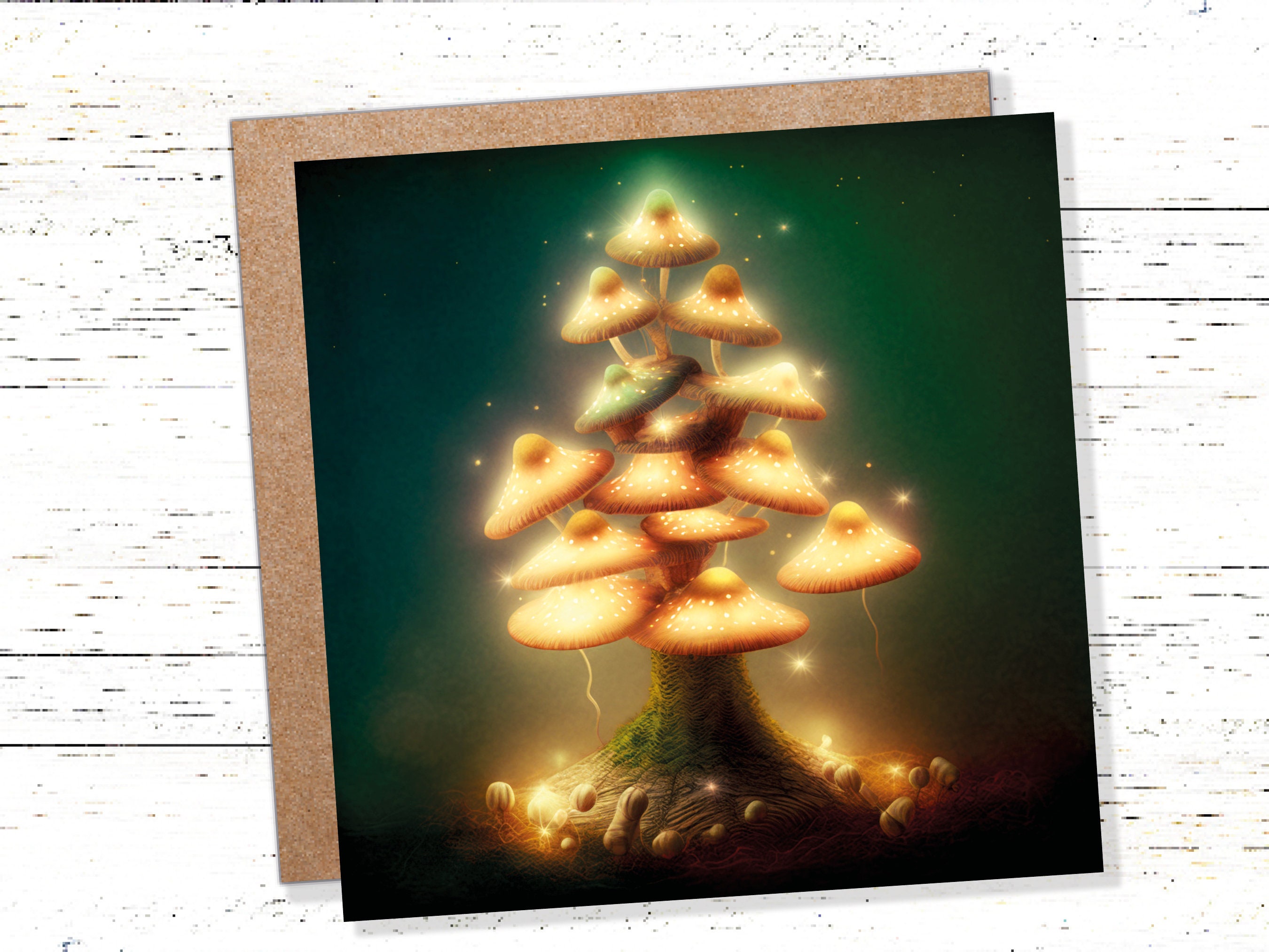 Mushrooms Tree Card Warm Golden Glowing Magical Fairycore Fairytale Fairy Lights Unique Whimsical For Family Friends Xmas 2024 Thank You - View 9