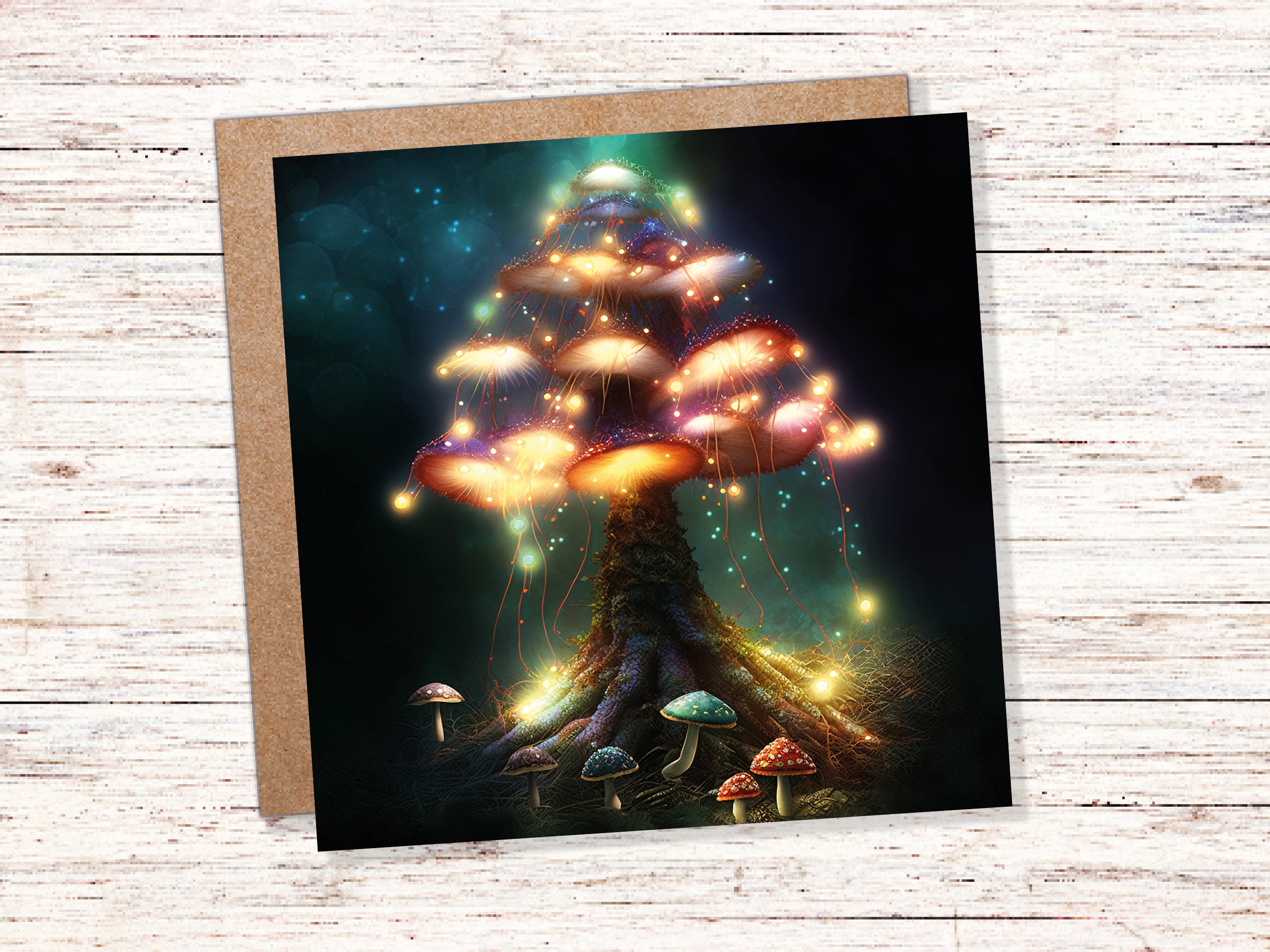 Colourful Magical Mushroom Tree Card Teal Gold Magic Glow Fairycore Fairytale Fairy Lights Unique Whimsical For Family Friends BFF Christmas