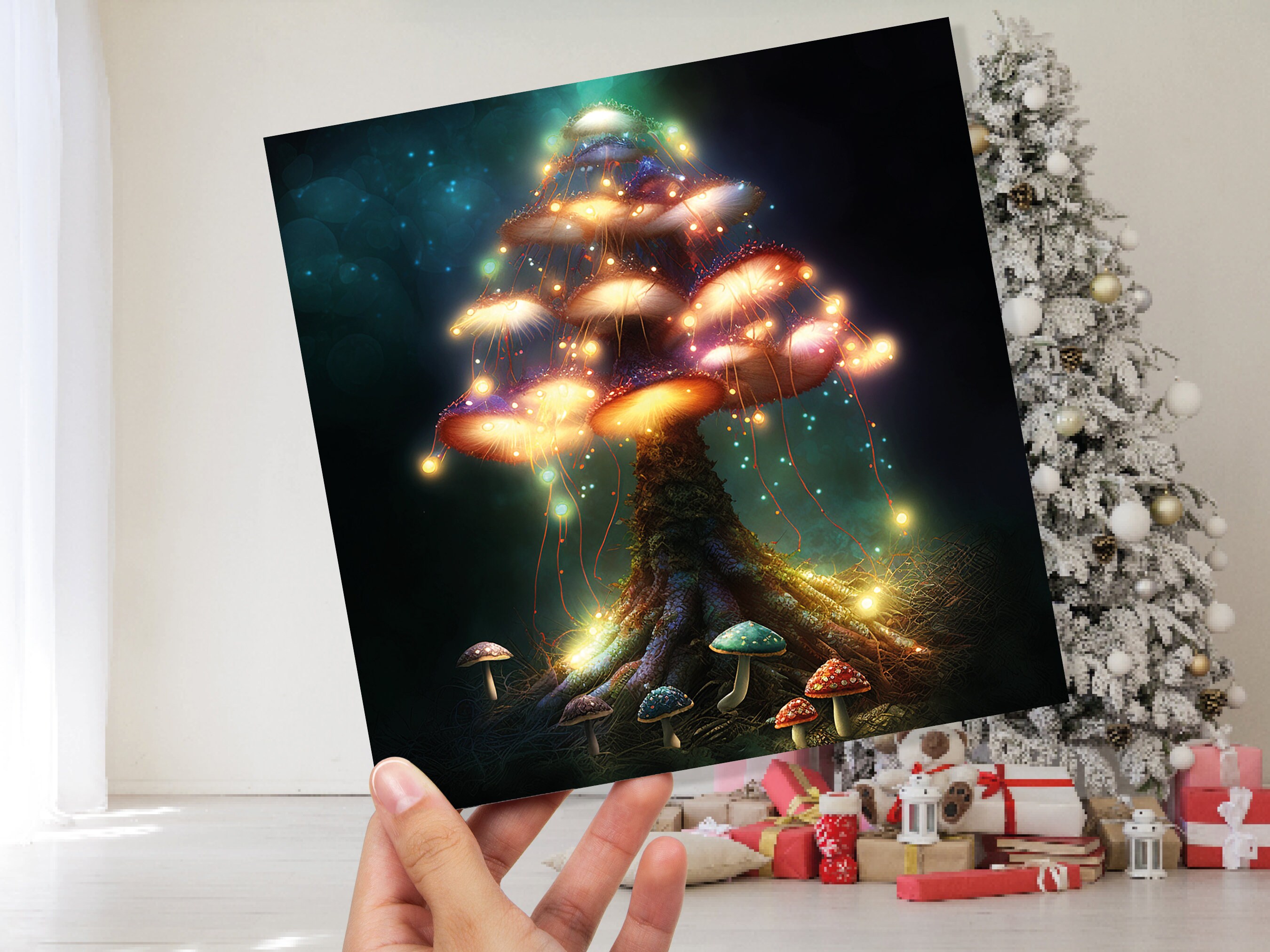 Colourful Magical Mushroom Tree Card Teal Gold Magic Glow Fairycore Fairytale Fairy Lights Unique Whimsical For Family Friends BFF Christmas - View 2