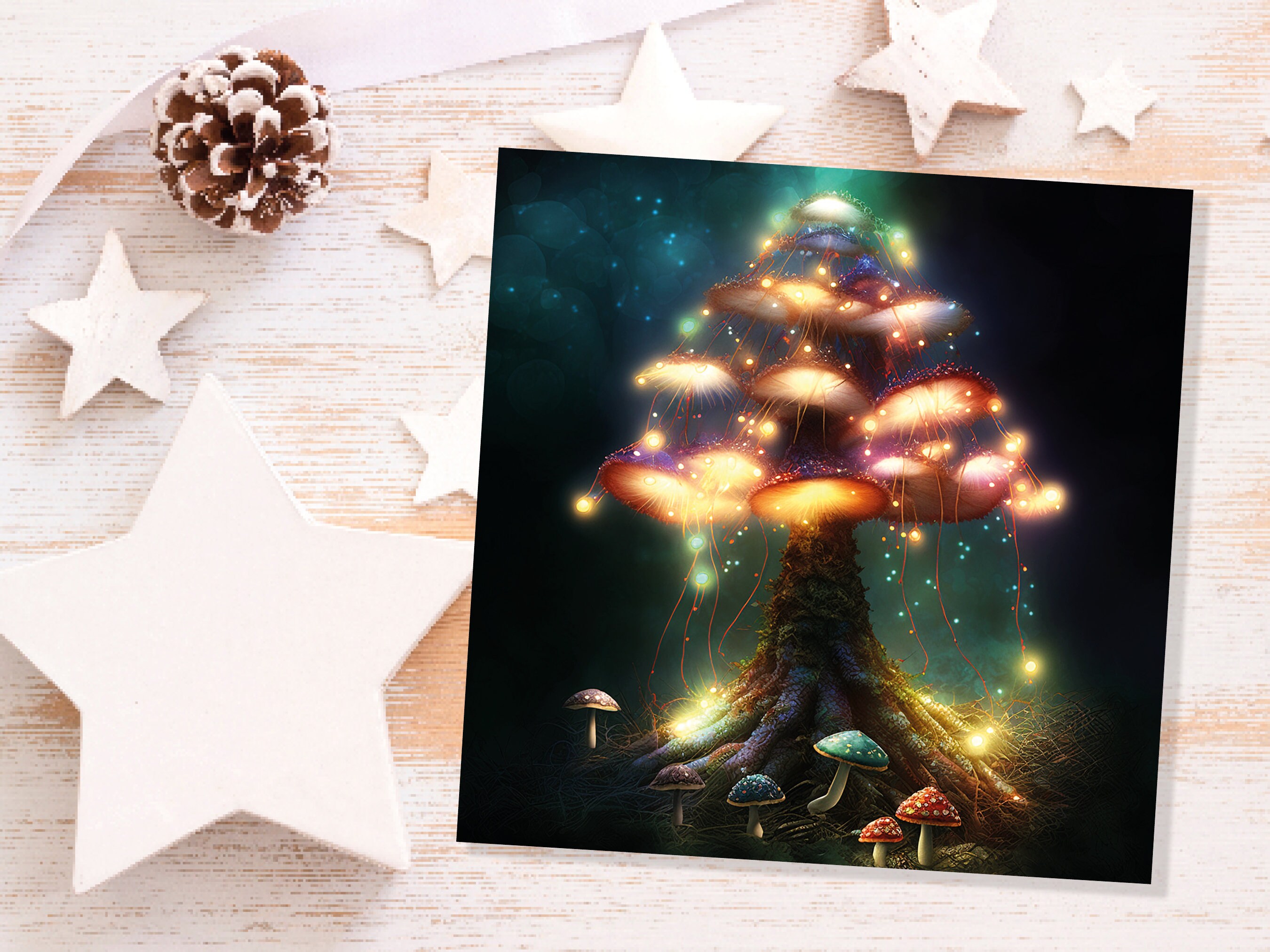 Colourful Magical Mushroom Tree Card Teal Gold Magic Glow Fairycore Fairytale Fairy Lights Unique Whimsical For Family Friends BFF Christmas - View 3