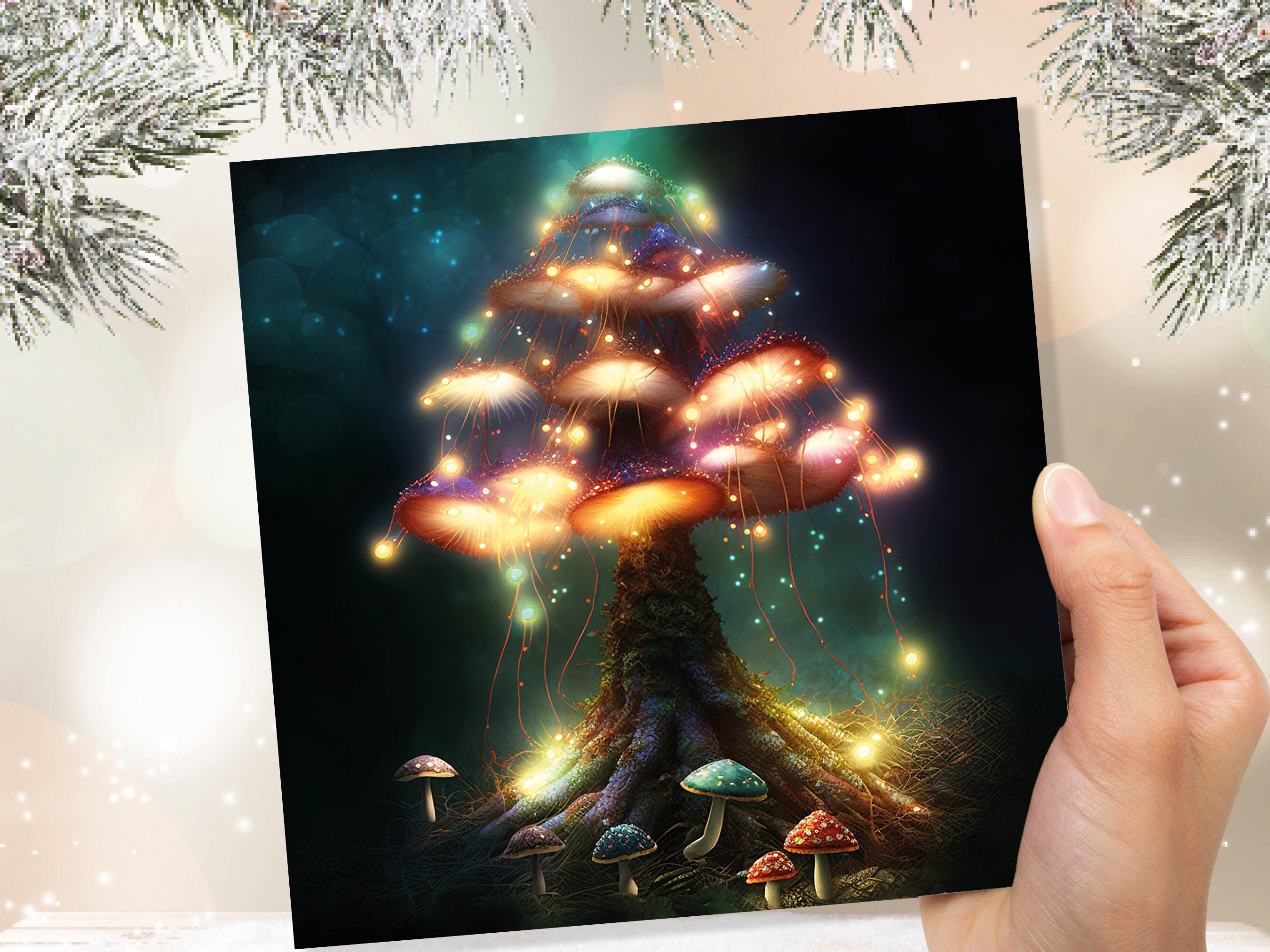 Colourful Magical Mushroom Tree Card Teal Gold Magic Glow Fairycore Fairytale Fairy Lights Unique Whimsical For Family Friends BFF Christmas - View 4