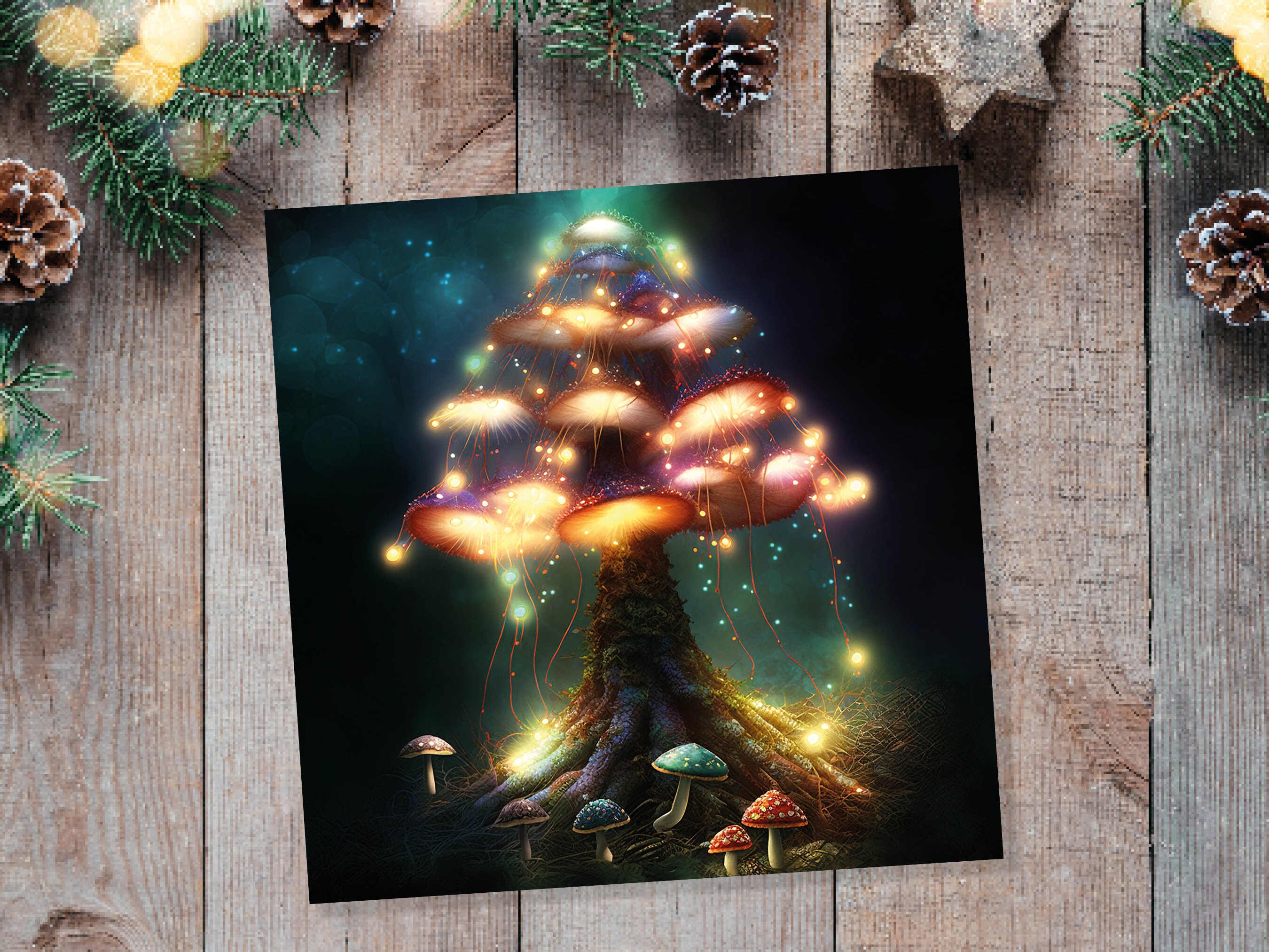 Colourful Magical Mushroom Tree Card Teal Gold Magic Glow Fairycore Fairytale Fairy Lights Unique Whimsical For Family Friends BFF Christmas - View 5