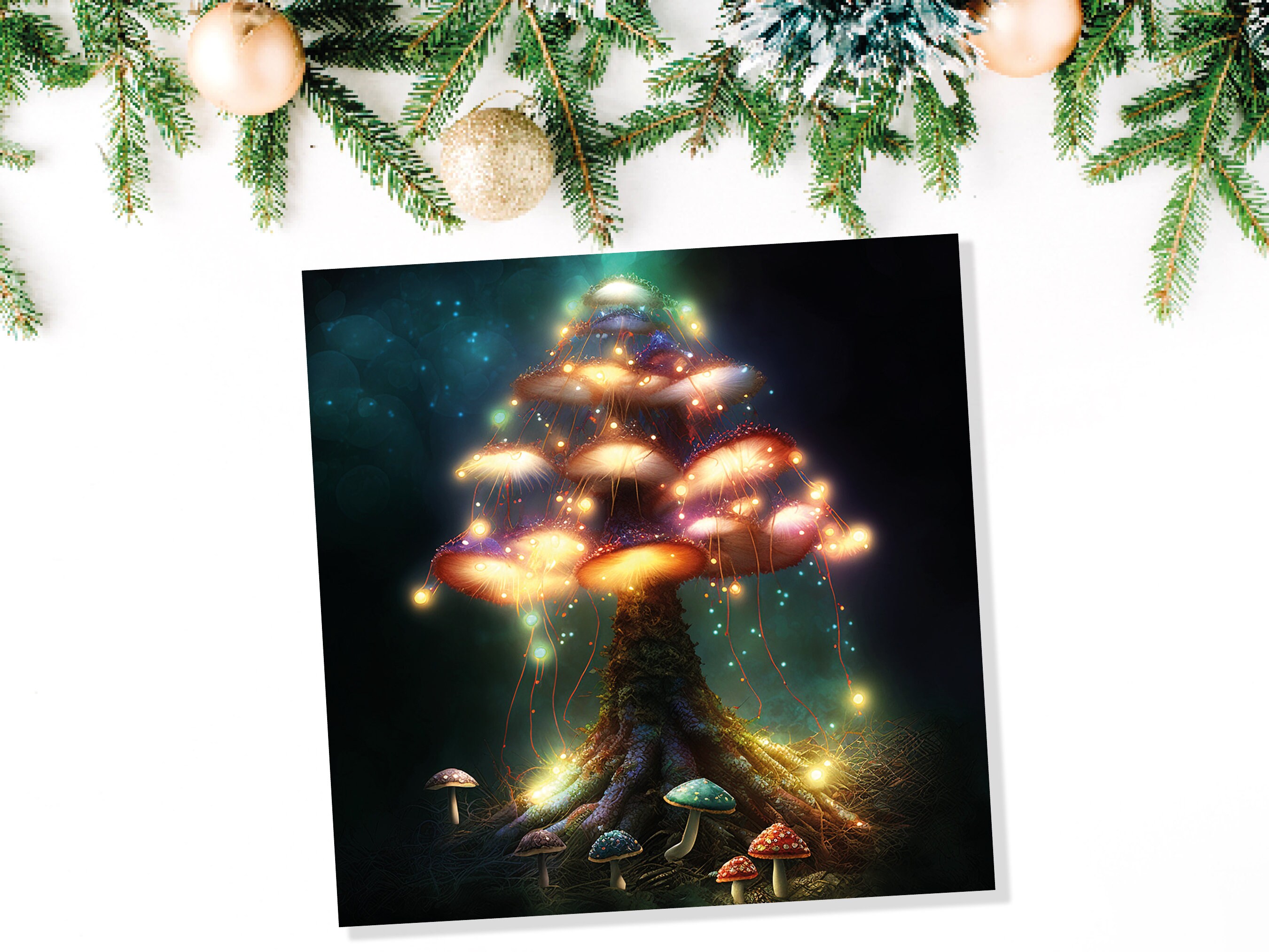 Colourful Magical Mushroom Tree Card Teal Gold Magic Glow Fairycore Fairytale Fairy Lights Unique Whimsical For Family Friends BFF Christmas - View 6