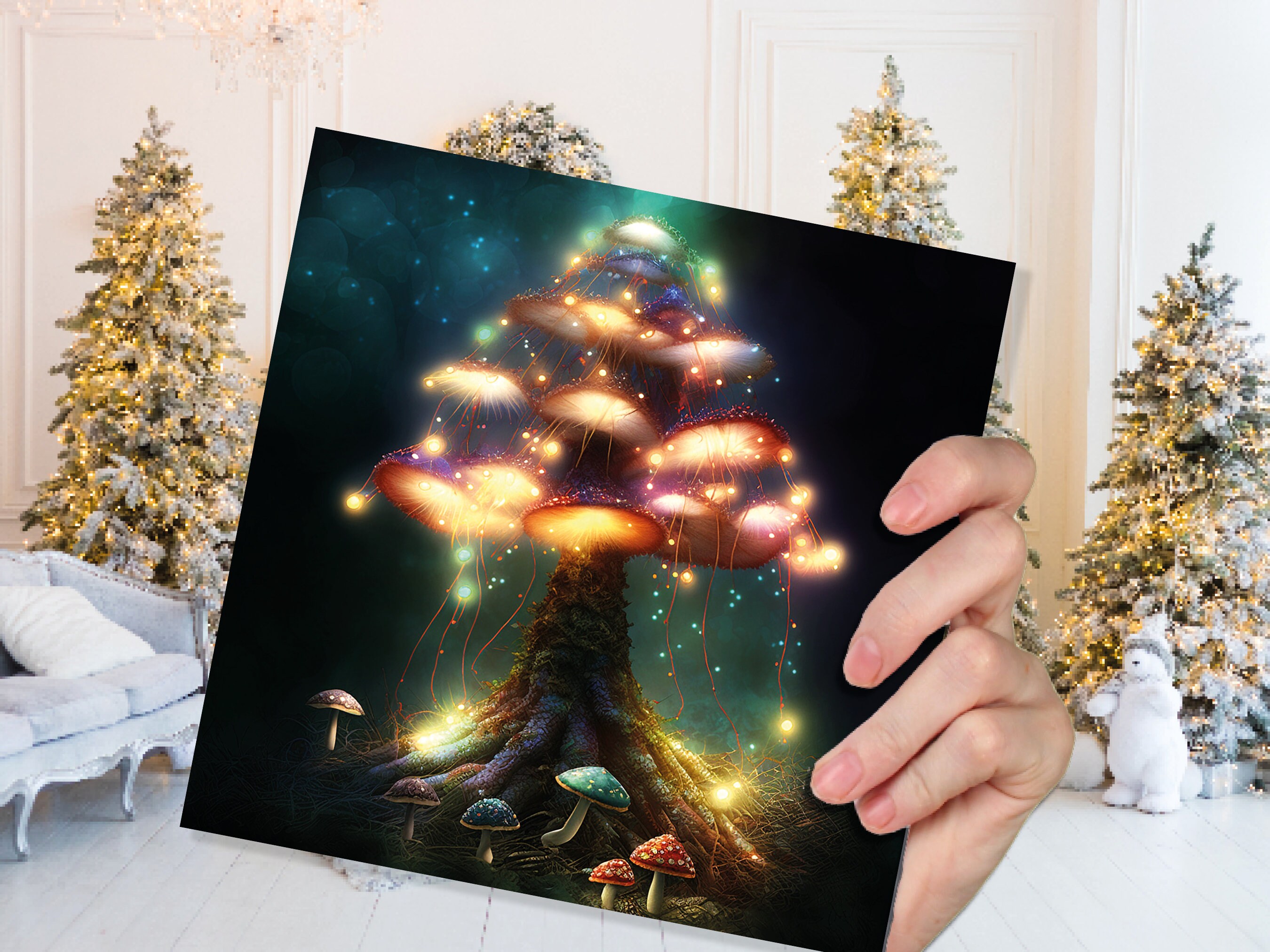 Colourful Magical Mushroom Tree Card Teal Gold Magic Glow Fairycore Fairytale Fairy Lights Unique Whimsical For Family Friends BFF Christmas - View 7