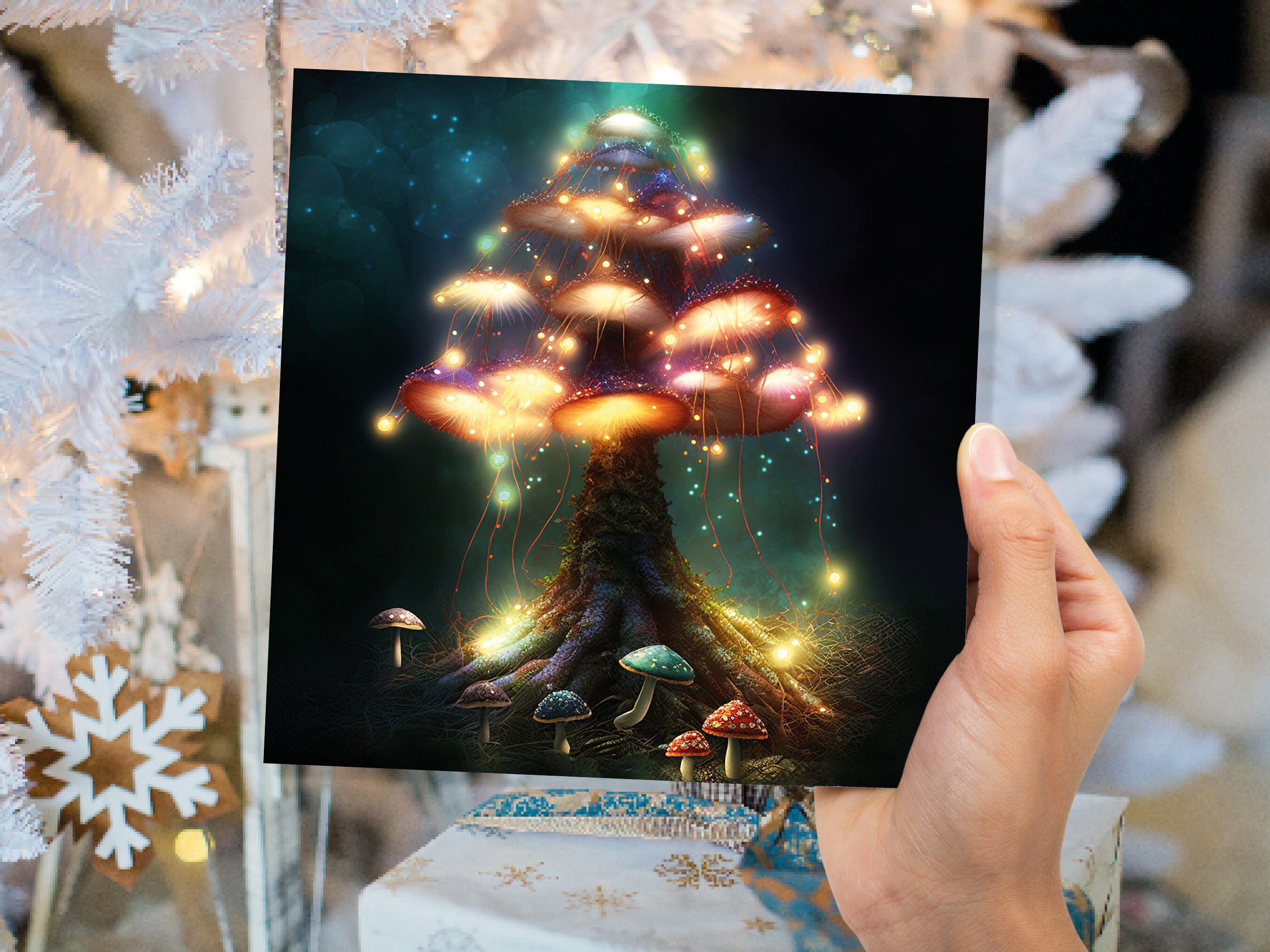 Colourful Magical Mushroom Tree Card Teal Gold Magic Glow Fairycore Fairytale Fairy Lights Unique Whimsical For Family Friends BFF Christmas - View 8