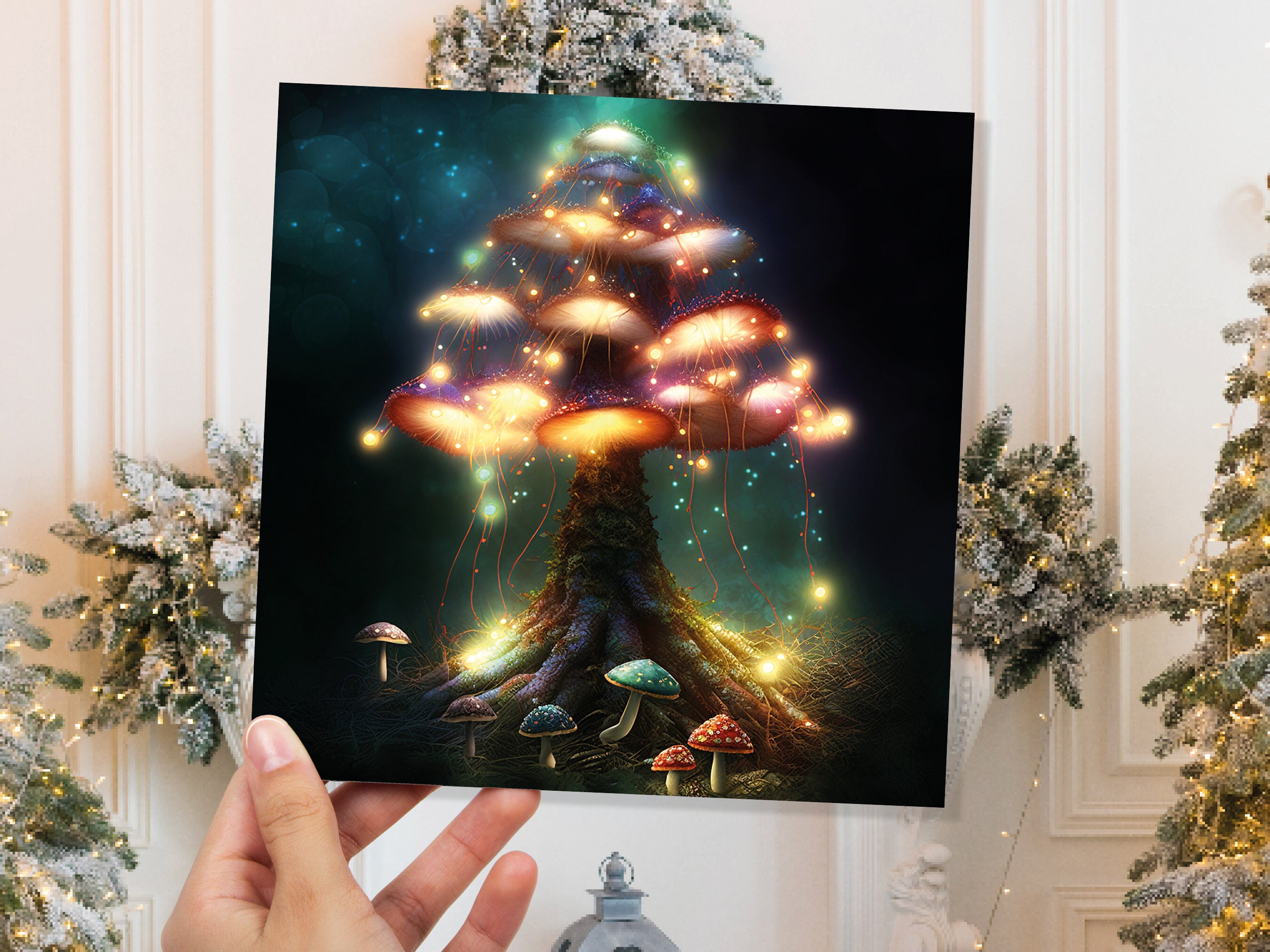 Colourful Magical Mushroom Tree Card Teal Gold Magic Glow Fairycore Fairytale Fairy Lights Unique Whimsical For Family Friends BFF Christmas - View 9