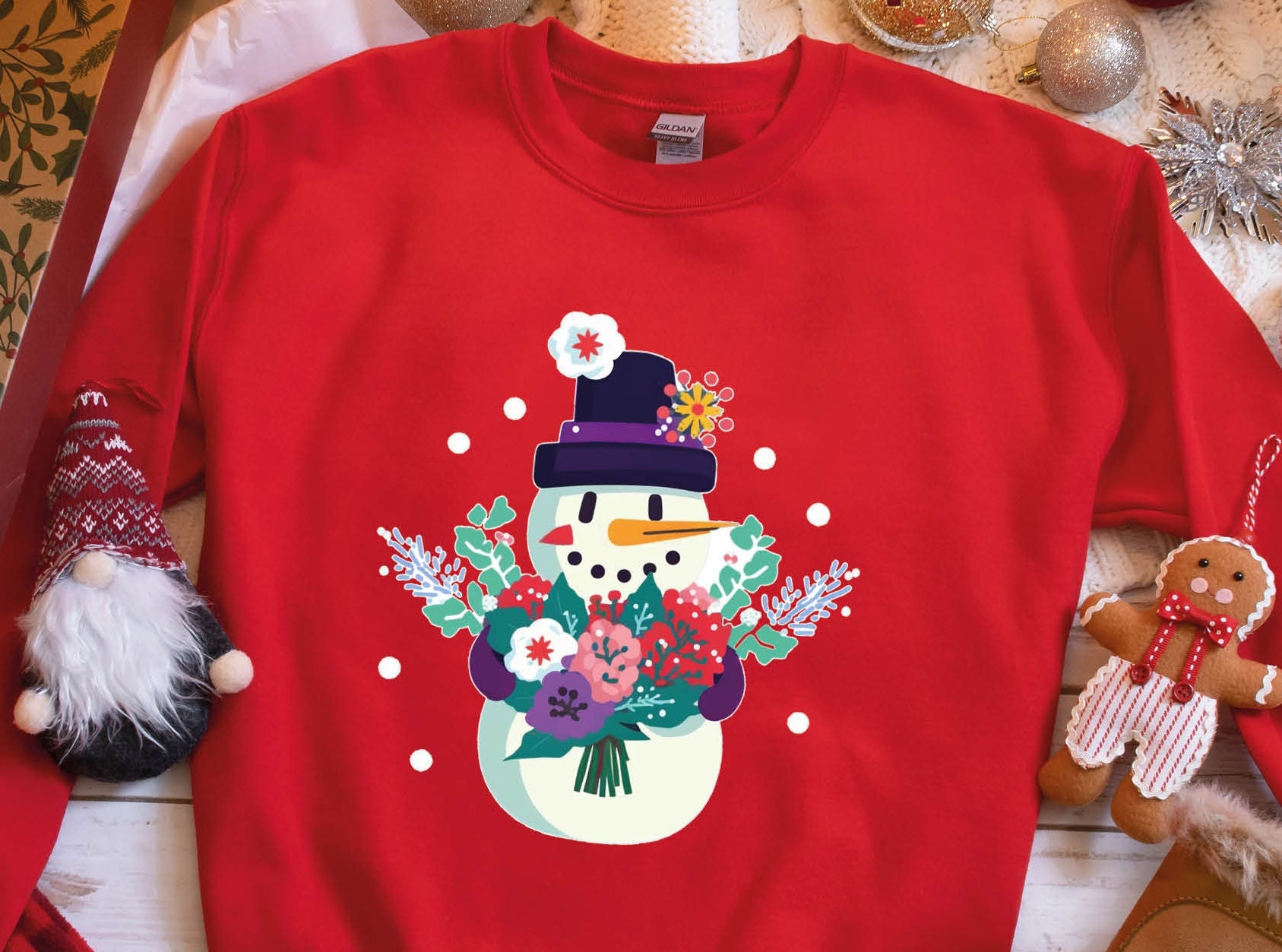 Cute Snowman Jumper with Flowers Bouquet Snow Unique Floral Snowy Winter Fun Unisex Sweatshirt Sweater Pink and Purple Illustration Design