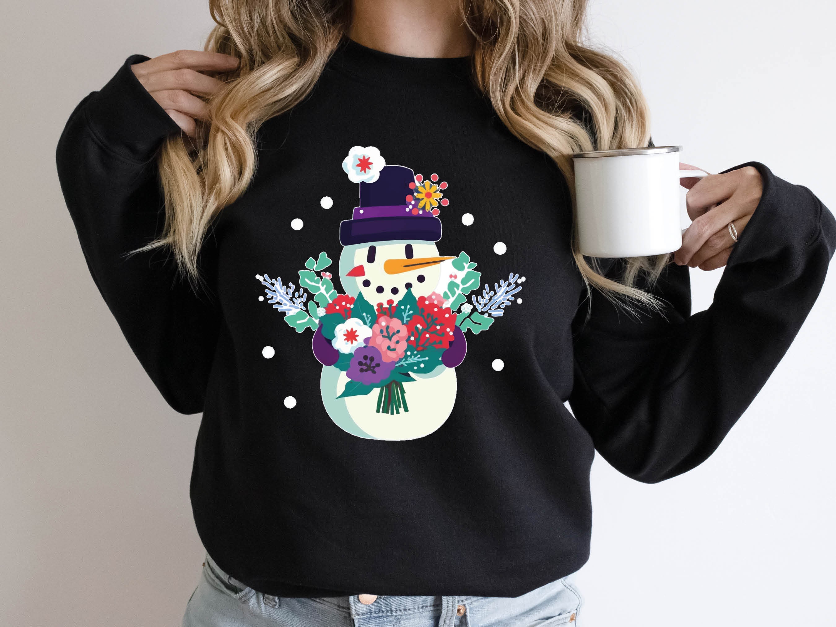 Cute Snowman Jumper with Flowers Bouquet Snow Unique Floral Snowy Winter Fun Unisex Sweatshirt Sweater Pink and Purple Illustration Design - View 2