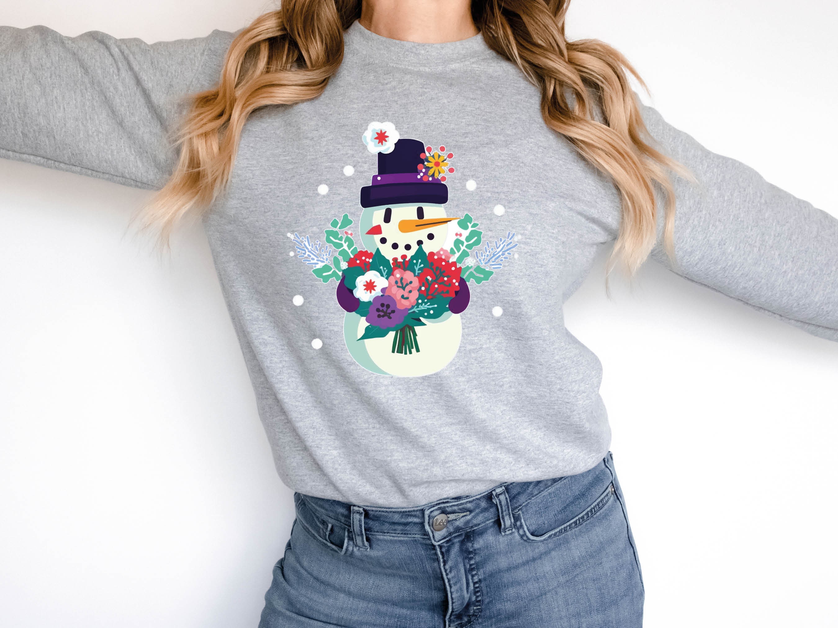 Cute Snowman Jumper with Flowers Bouquet Snow Unique Floral Snowy Winter Fun Unisex Sweatshirt Sweater Pink and Purple Illustration Design - View 3