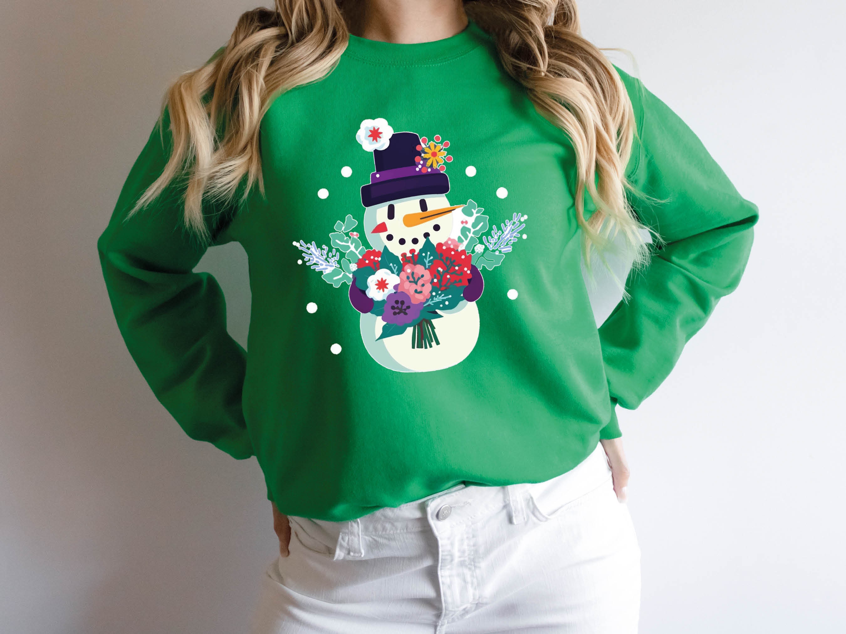 Cute Snowman Jumper with Flowers Bouquet Snow Unique Floral Snowy Winter Fun Unisex Sweatshirt Sweater Pink and Purple Illustration Design - View 4