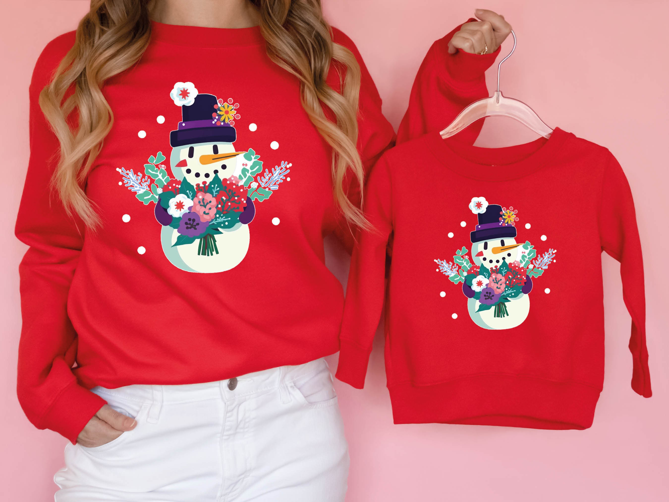 Cute Snowman Jumper with Flowers Bouquet Snow Unique Floral Snowy Winter Fun Unisex Sweatshirt Sweater Pink and Purple Illustration Design - View 5