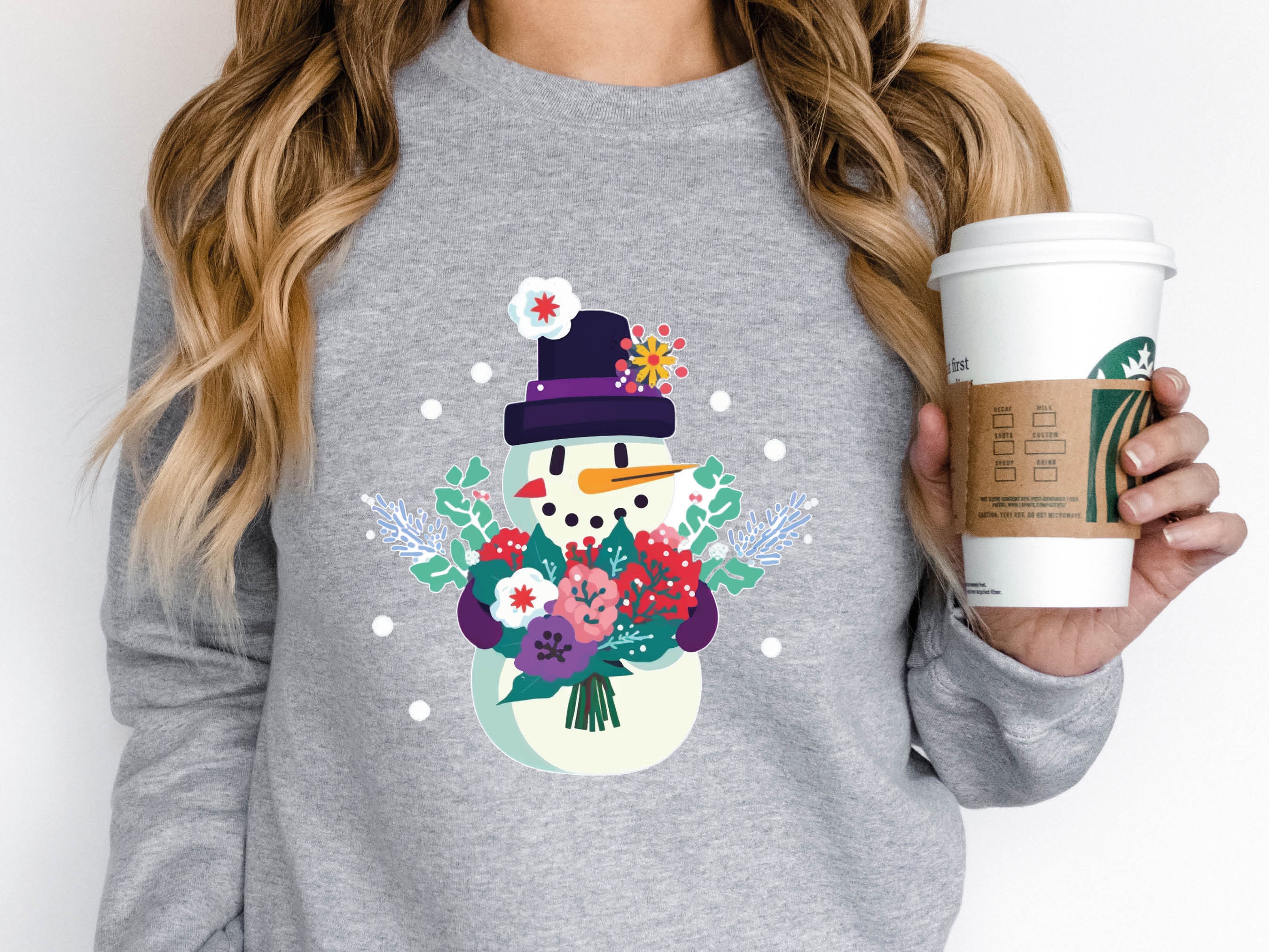 Cute Snowman Jumper with Flowers Bouquet Snow Unique Floral Snowy Winter Fun Unisex Sweatshirt Sweater Pink and Purple Illustration Design - View 6