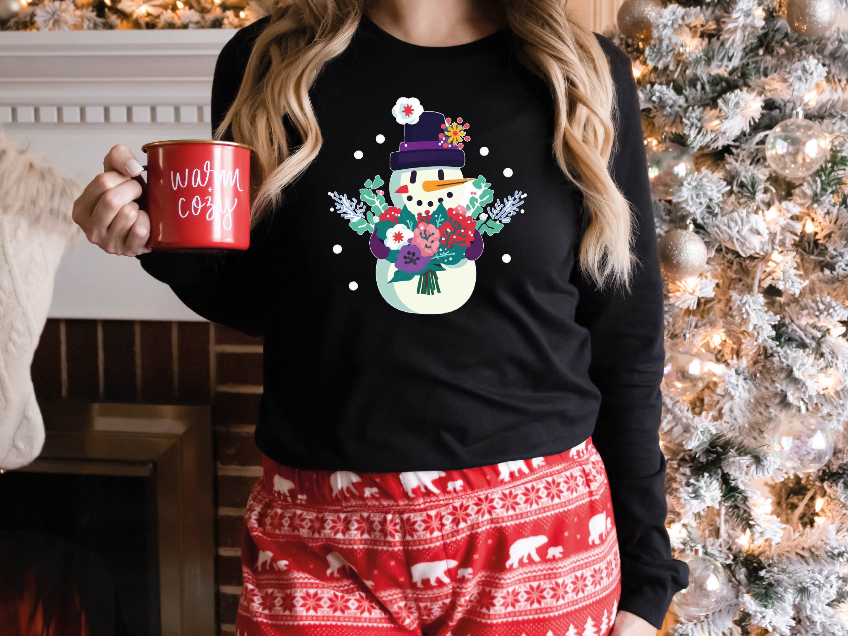 Cute Snowman Jumper with Flowers Bouquet Snow Unique Floral Snowy Winter Fun Unisex Sweatshirt Sweater Pink and Purple Illustration Design - View 7